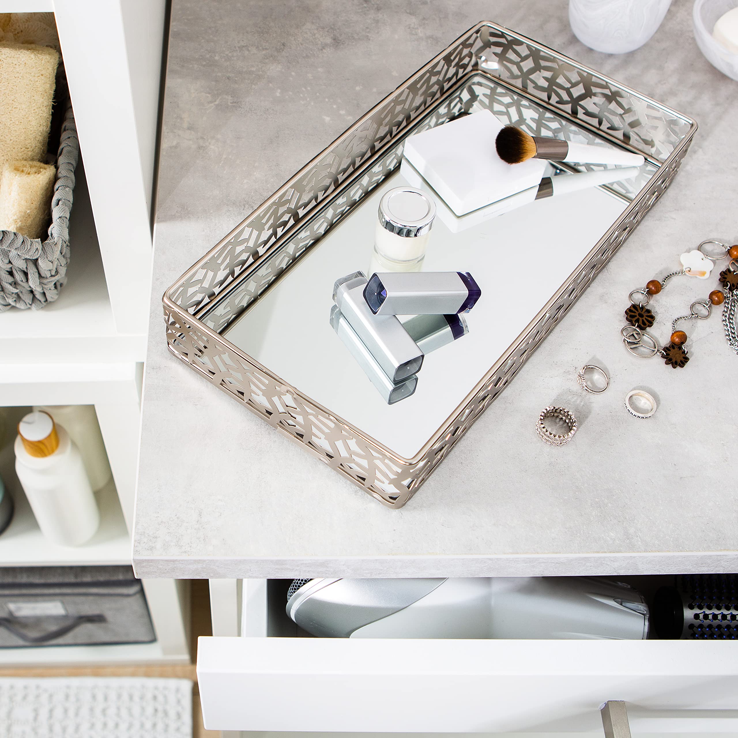 Leaf Design Mirrored Vanity Tray - Elegant Dresser Organizer for Perfume, Jewelry & Cosmetics | Satin Silver Decorative Tray | Perfect for Bedroom, Bathroom & Vanity Table Decor