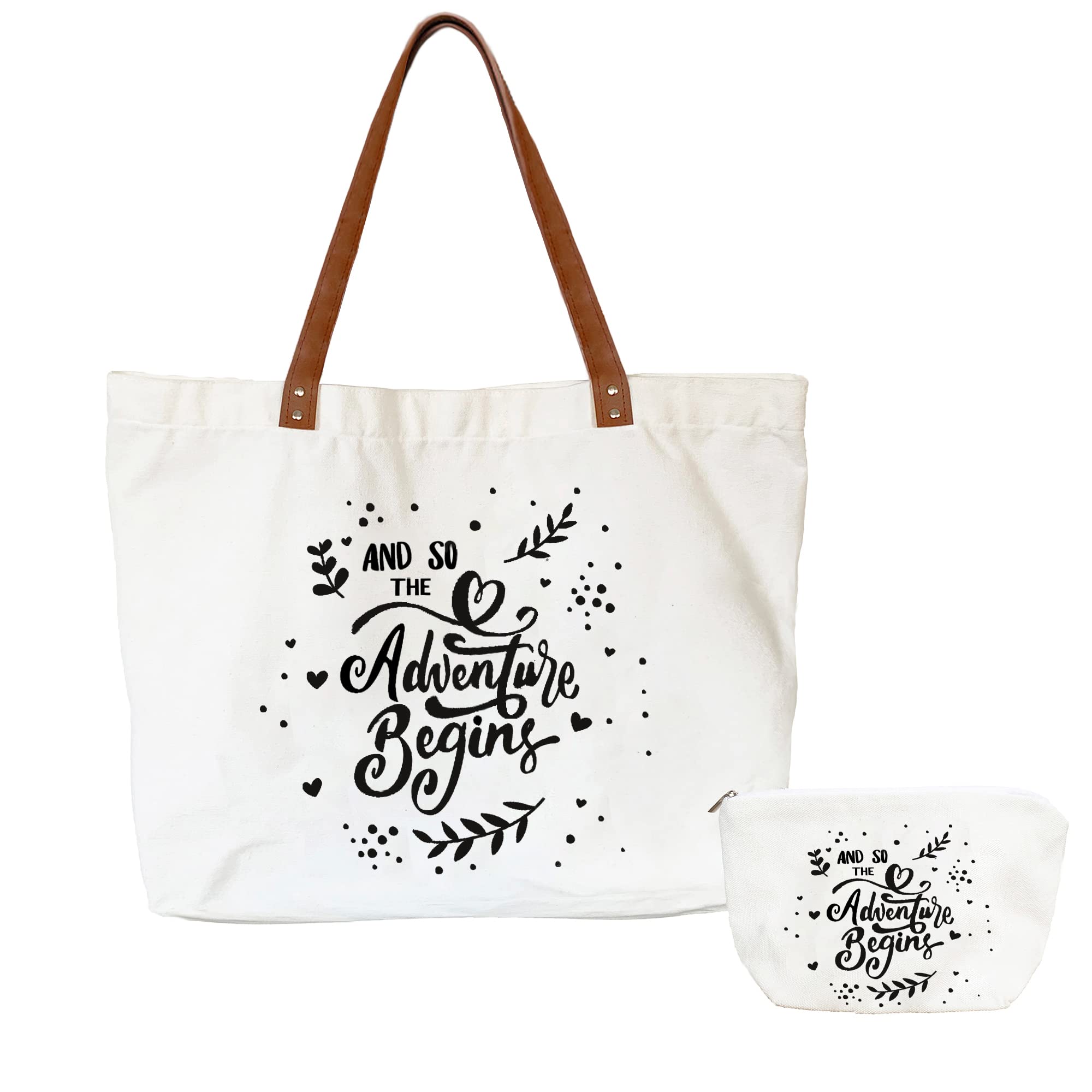 Bride Tote Bag with Makeup Pouch - Wedding Shower Gift for Future Mrs - White Canvas Shoulder Bag for Travel & Bridal Events