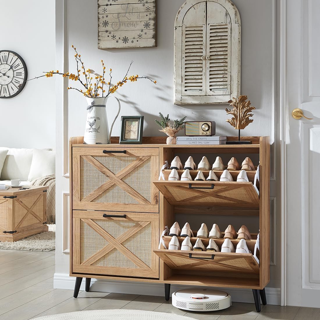 Boho Shoe Storage Cabinet with 4 Flip Drawers & Rattan Design - Freestanding Farmhouse Narrow Shoe Organizer for Entryway, Hallway, Foyer - Perfect for Small Spaces & Home Decor (Natural) - Ideal for Organizing Shoes in Apartments, Dorms, and Closets