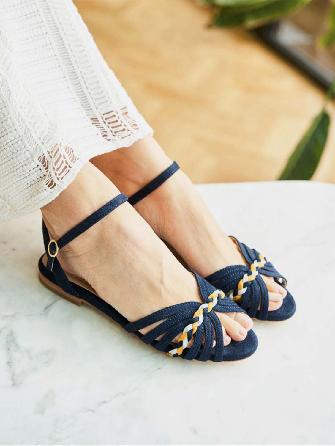 Daffodil Vegan Suede Braid Detail Sandals for Women | Comfortable Slip-On Summer Shoes | Midnight Blue | Perfect for Beach, Vacation & Casual Outings