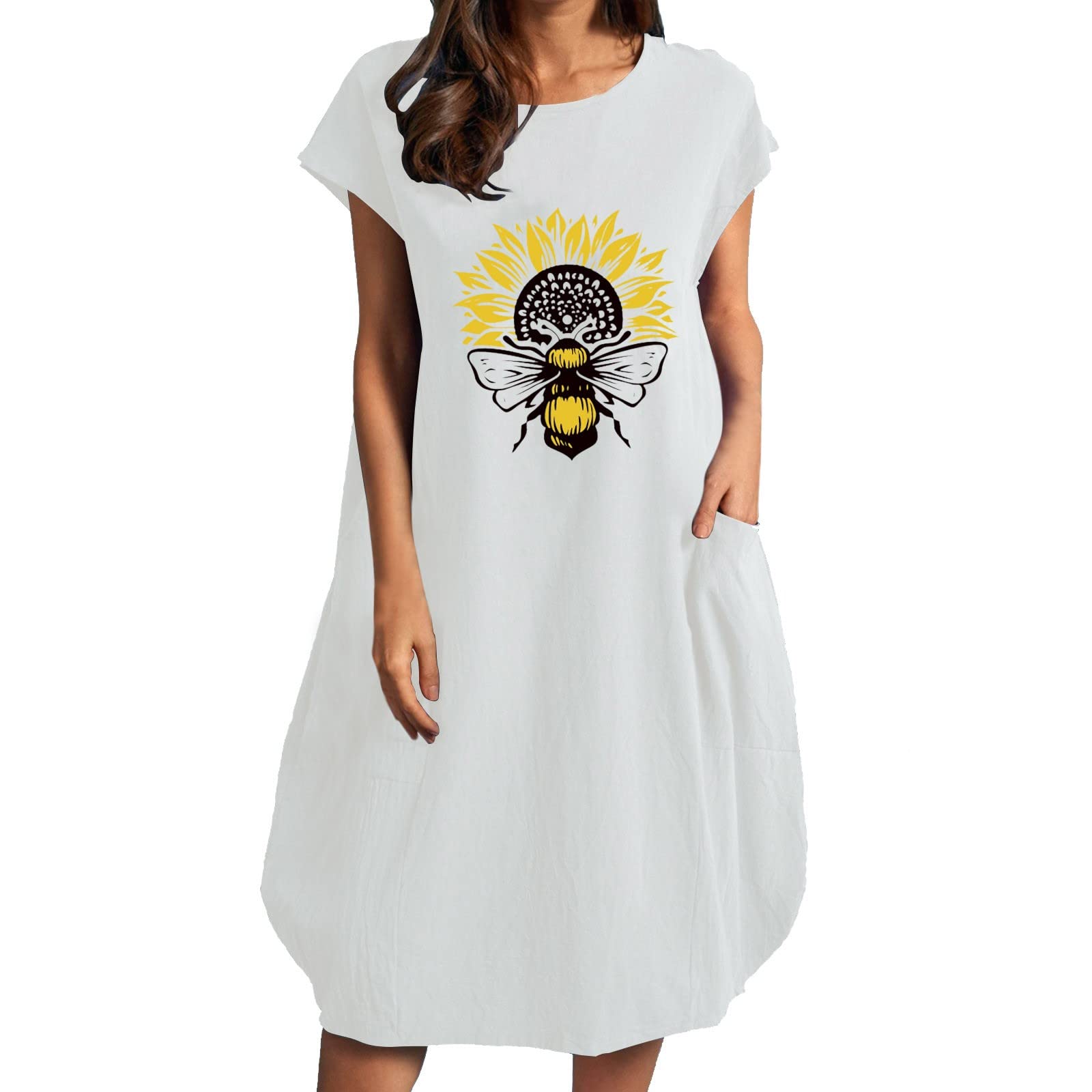 Women's Summer Wedding Guest Dress - Floral Bee & Daisy Print Loose Short Sleeve Maxi Dress | Perfect for Garden Parties, Beach Weddings & Outdoor Events