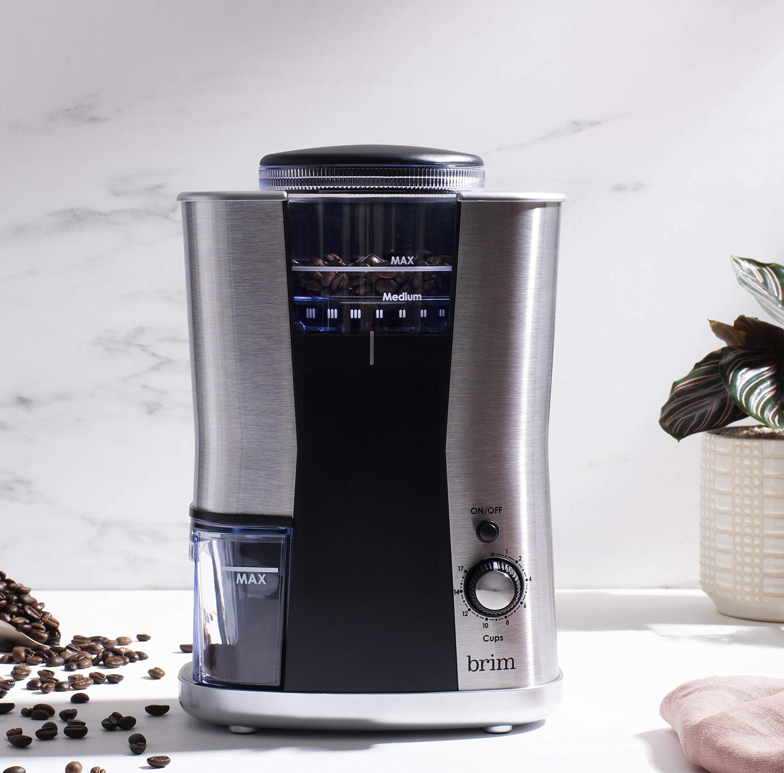 Premium BRIM Conical Burr Coffee Grinder - 17 Precise Grind Settings for Espresso to French Press, Removable Bean Hopper & Auto Shut-Off, Stainless Steel/Black - Perfect for Home Baristas & Coffee Enthusiasts