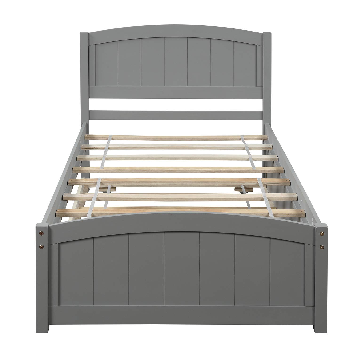 Merax Twin Size Wood Platform Bed with Trundle - Sturdy Wooden Bed Frame for Twin Beds, Space-Saving Design in Elegant Grey - Perfect for Kids' Rooms, Guest Rooms & Small Apartments