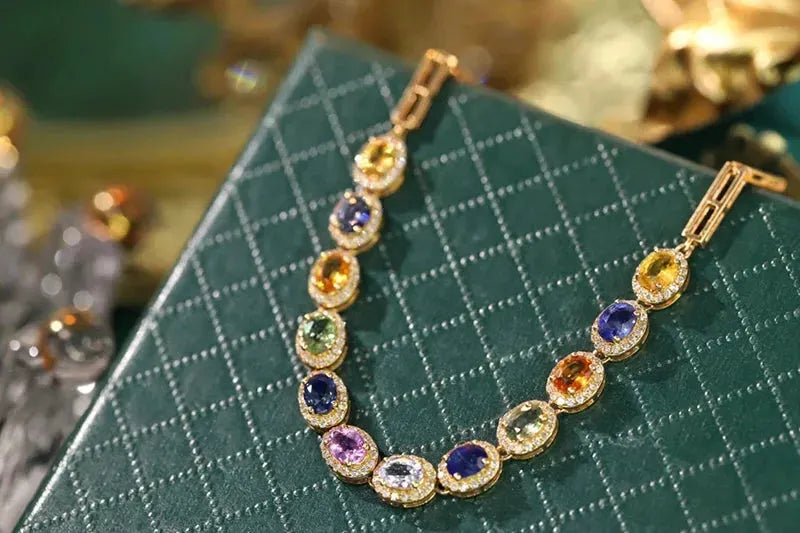 18K Yellow Gold Romantic Rainbow Design Bracelet with Real Natural Diamond & Aquamarine for Women - Perfect for Weddings, Anniversaries & Special Occasions