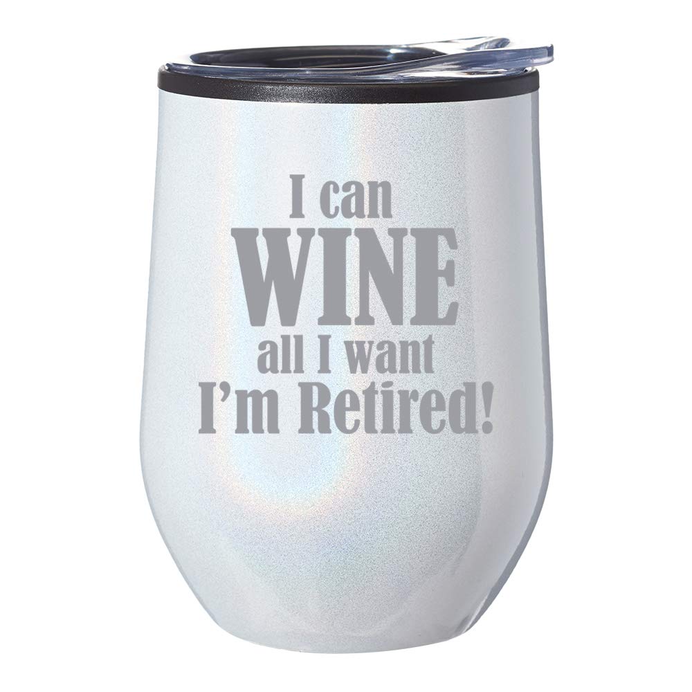 Stemless Wine Tumbler with Lid - Insulated Coffee Travel Mug Glass - Retired Gift Idea (White Iridescent Glitter) - Perfect for Outdoor Picnics, Beach Parties & Relaxing at Home