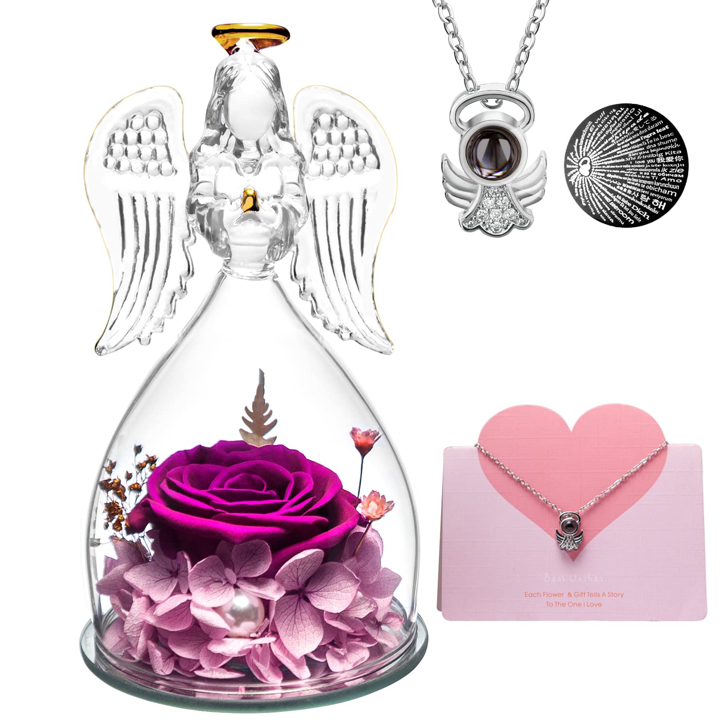 Forever Preserved Real Rose Glass Angel Figurine with 3 Roses - Elegant Gift for Women, Valentine's Day & Mother's Day - Perfect for Home Decor, Romantic Surprises & Special Occasion Gifts