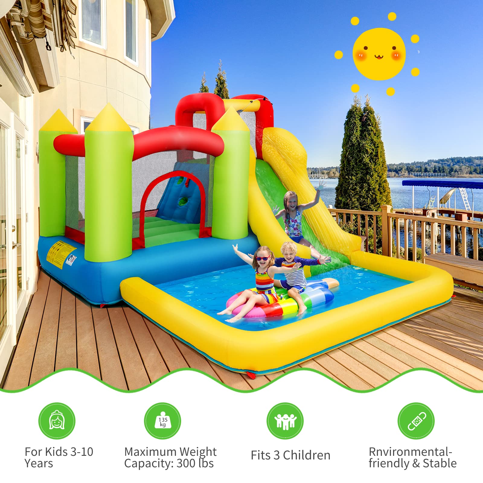 **HONEY JOY 5-in-1 Giant Inflatable Water Slide with Climbing Wall, Splash Pool & Slides - Outdoor Blow Up Water Park for Kids & Adults - Backyard Summer Fun (Includes 480W Blower)**    **Perfect for backyard parties, summer gatherings, family fun, and outdoor water play!**