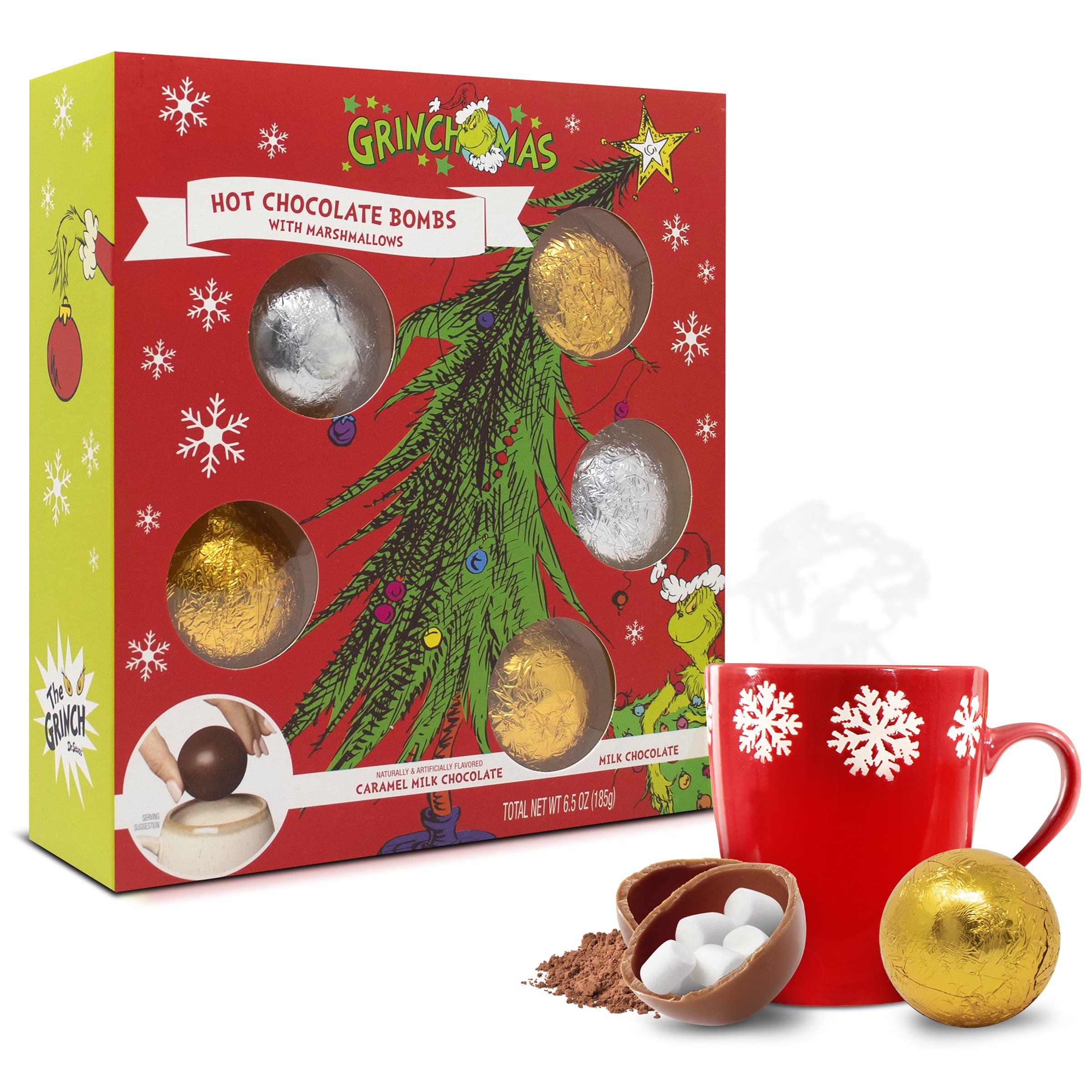 Dr. Seuss The Grinch Grinchmas Hot Cocoa Spheres - 5 Pack (5.6 Oz) with Marshmallows & Caramel Milk Chocolate | Perfect for Christmas Gifts, Holiday Parties & Cozy Winter Nights