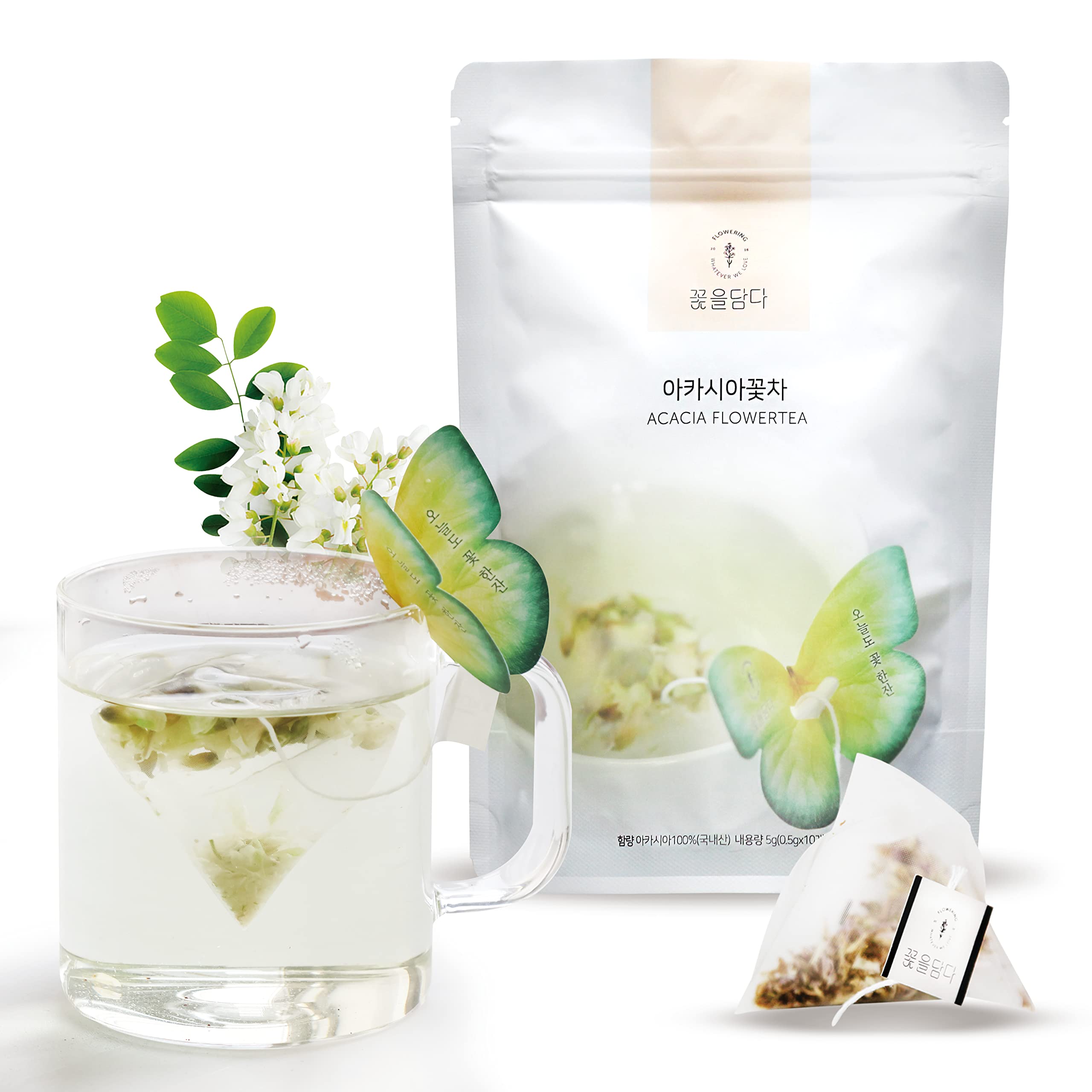 KKOKDAM Acacia Butterfly Tea Bags - 10 Count Decaf Loose Leaf Herbal Tea for Iced or Hot Brewing - Premium Korean Gift Set for Relaxation & Gifting - Perfect for Afternoon Tea, Spa Days & Special Occasions