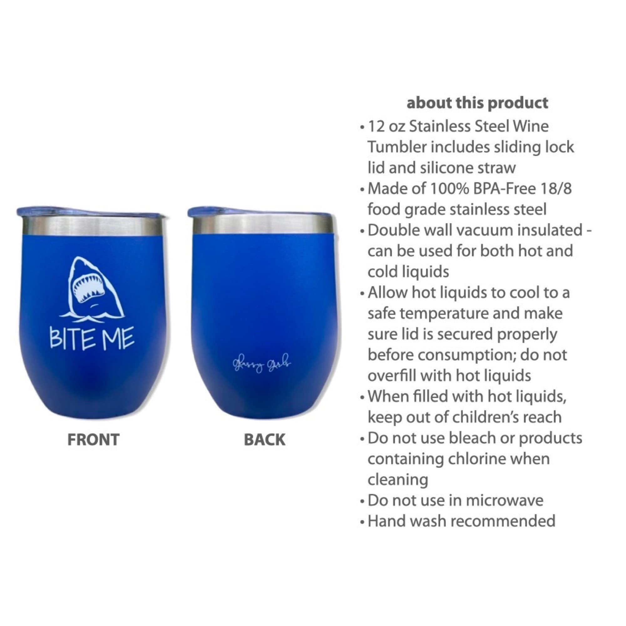Shark Bite Me Tumbler - Funny Shark Gift for Shark Week, Shark Lover, Men & Women - Blue 12oz Wine Tumbler for Beach Parties, Outdoor Adventures & Shark Enthusiasts