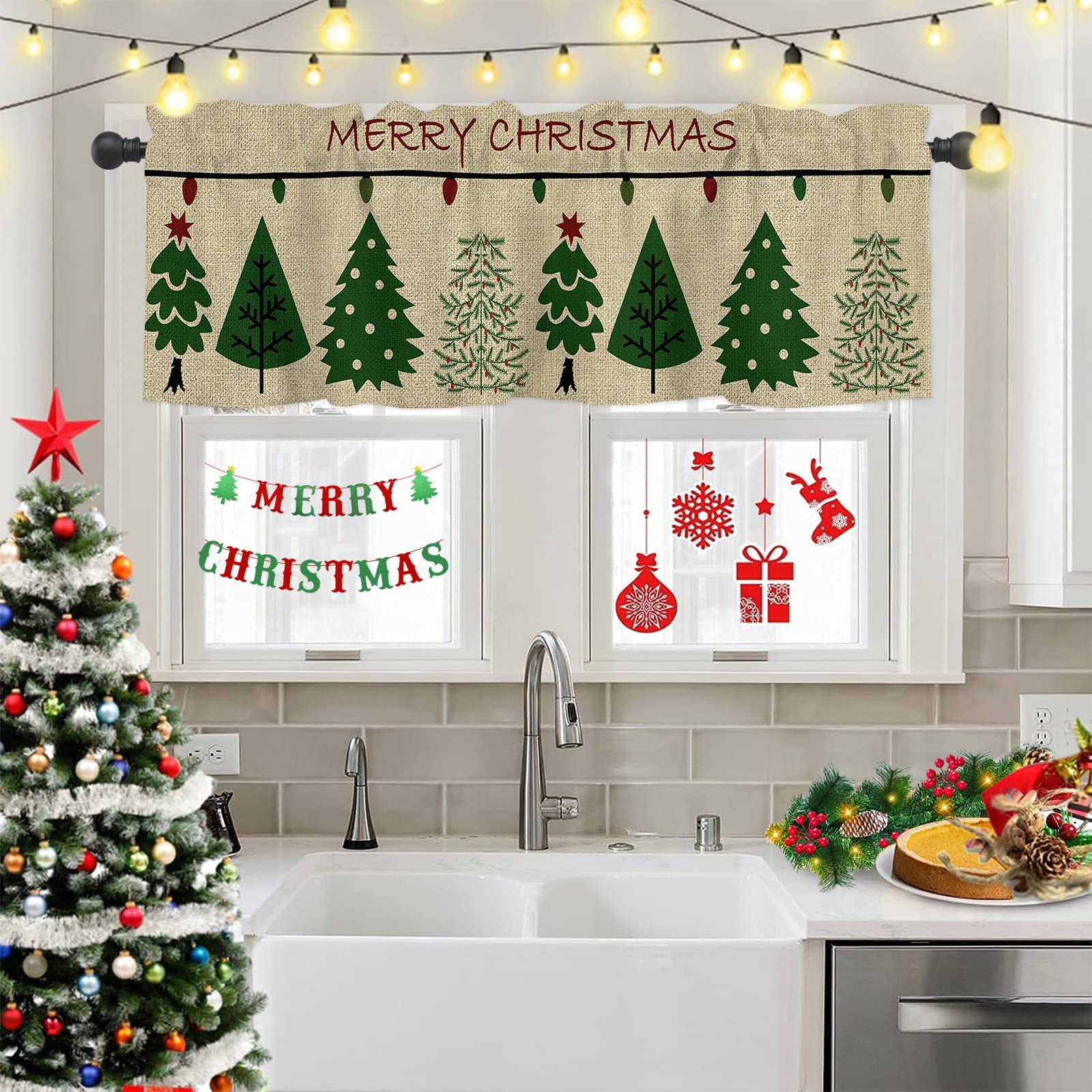 Christmas Tree Kitchen Curtains Set - 24 Inch Rustic Burlap Half Curtains with Rod Pocket & Valance for Window Treatment | Perfect for Cafe, Bathroom, Bedroom & Holiday Decor