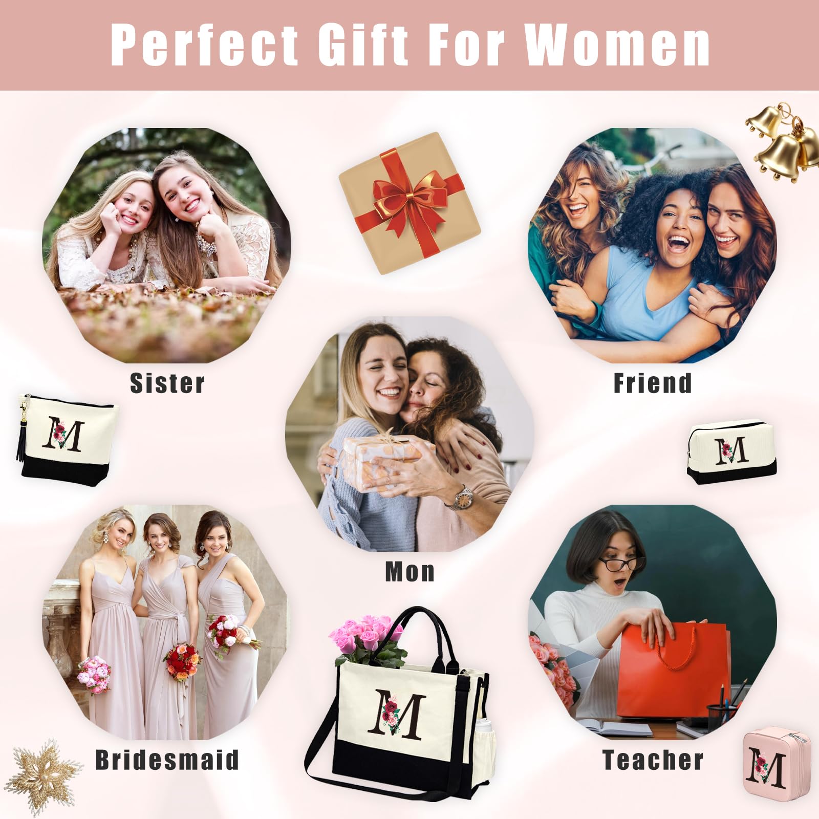 **Personalized Birthday Gift Basket for Women - Initial Canvas Tote Bag, 2 Makeup Bags & Jewelry Travel Case | Thoughtful Gifts for Mom, Grandma, Teacher | Perfect for Travel, Spa Days & Special Occasions**