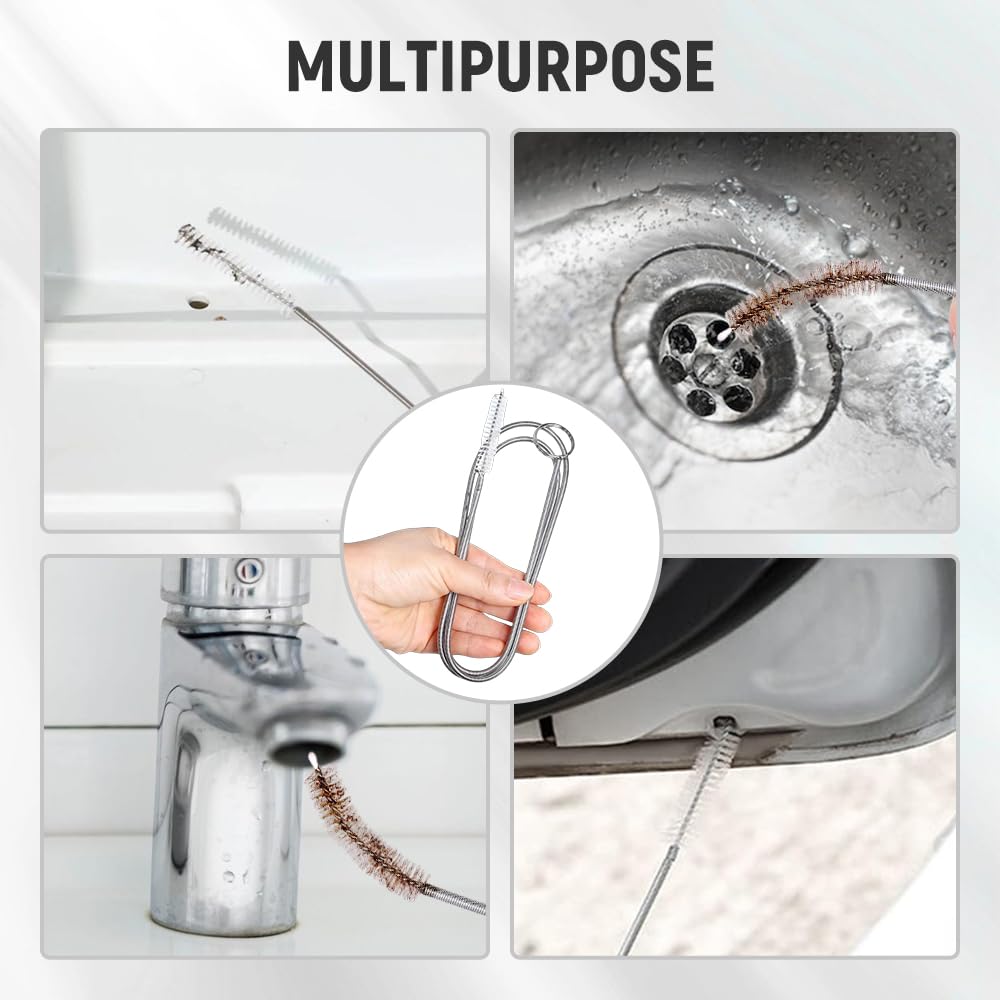 Stainless Steel Flexible Drain Cleaning Brush with Elastic Nylon Bristles - Long Pipe Scrubber for Narrow Drains, Tubes, Hoses & Straws - Perfect for Kitchen Sinks, Bathroom Drains & Hard-to-Reach Areas (Black)