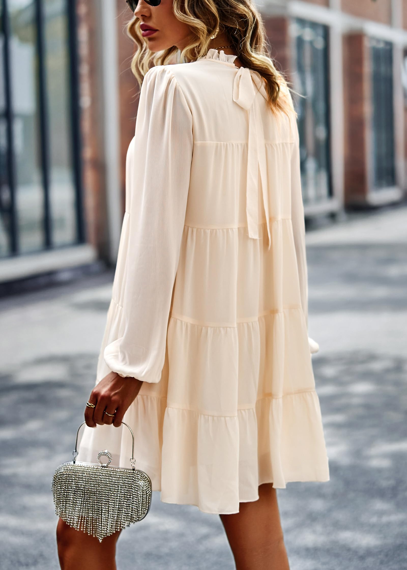KIRUNDO Women's Spring Dresses 2025 - Long Sleeve Ruffle Mock Neck Tiered Mini Babydoll Dress | Flowy Swing Tunic Shift Dress for Casual Wear | Perfect for Brunch, Date Night & Spring Outings