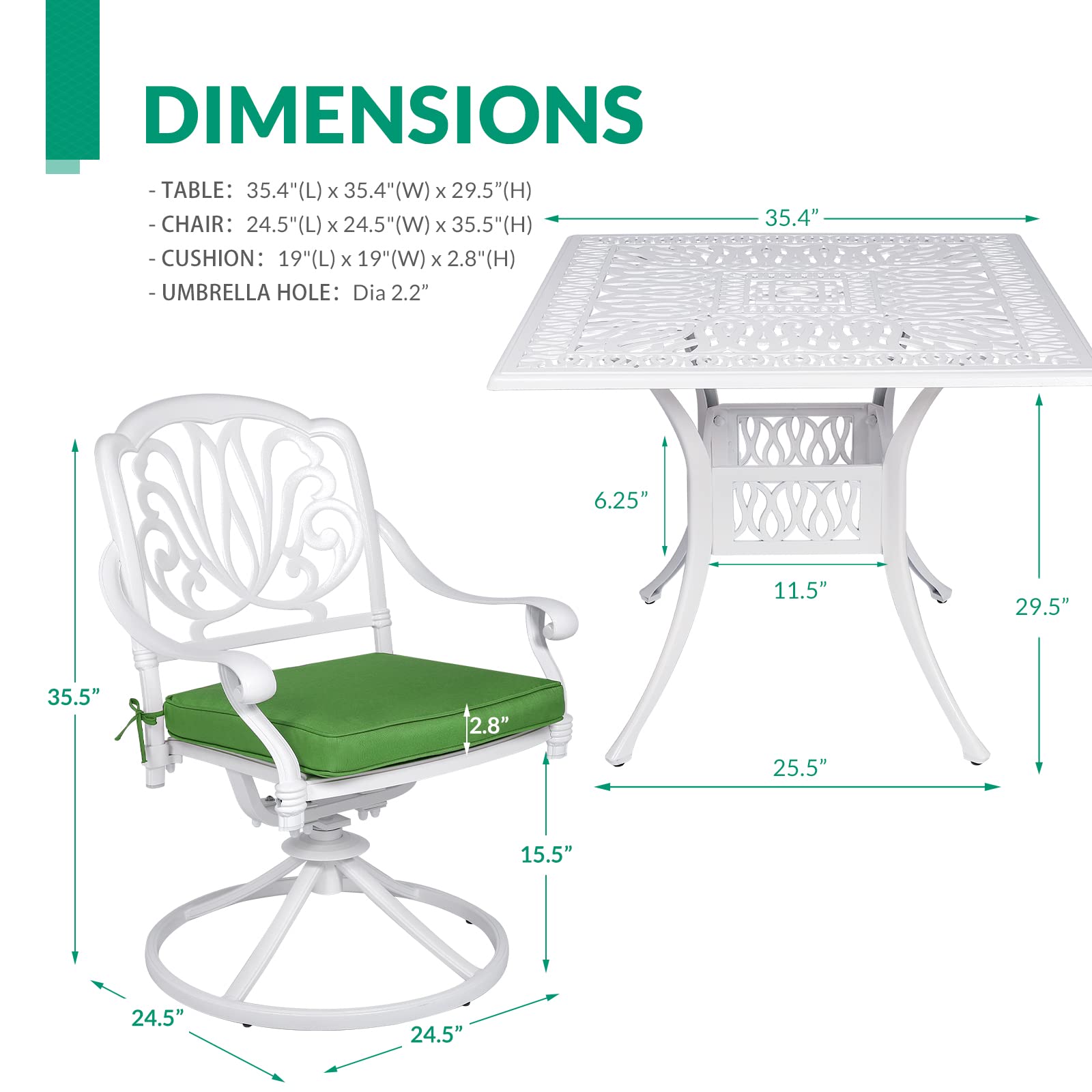 VIVIJASON 5-Piece Outdoor Patio Dining Set - All-Weather Cast Aluminum Conversation Set with 4 Swivel Chairs & 1 Square Table (Umbrella Hole) - White Patio Furniture for Balcony, Lawn, Garden - Perfect for Backyard BBQs, Poolside Relaxation & Outdoor Entertaining