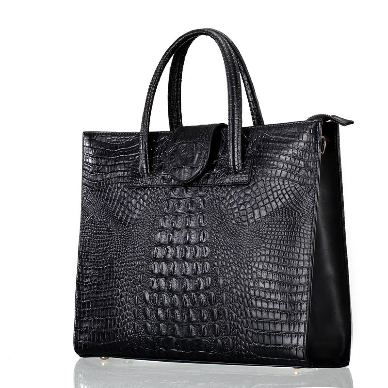 AOOF Genuine Leather Crocodile Embossed Women's Handbag - Large Black Shoulder Bag for Work, Travel & Evening Events