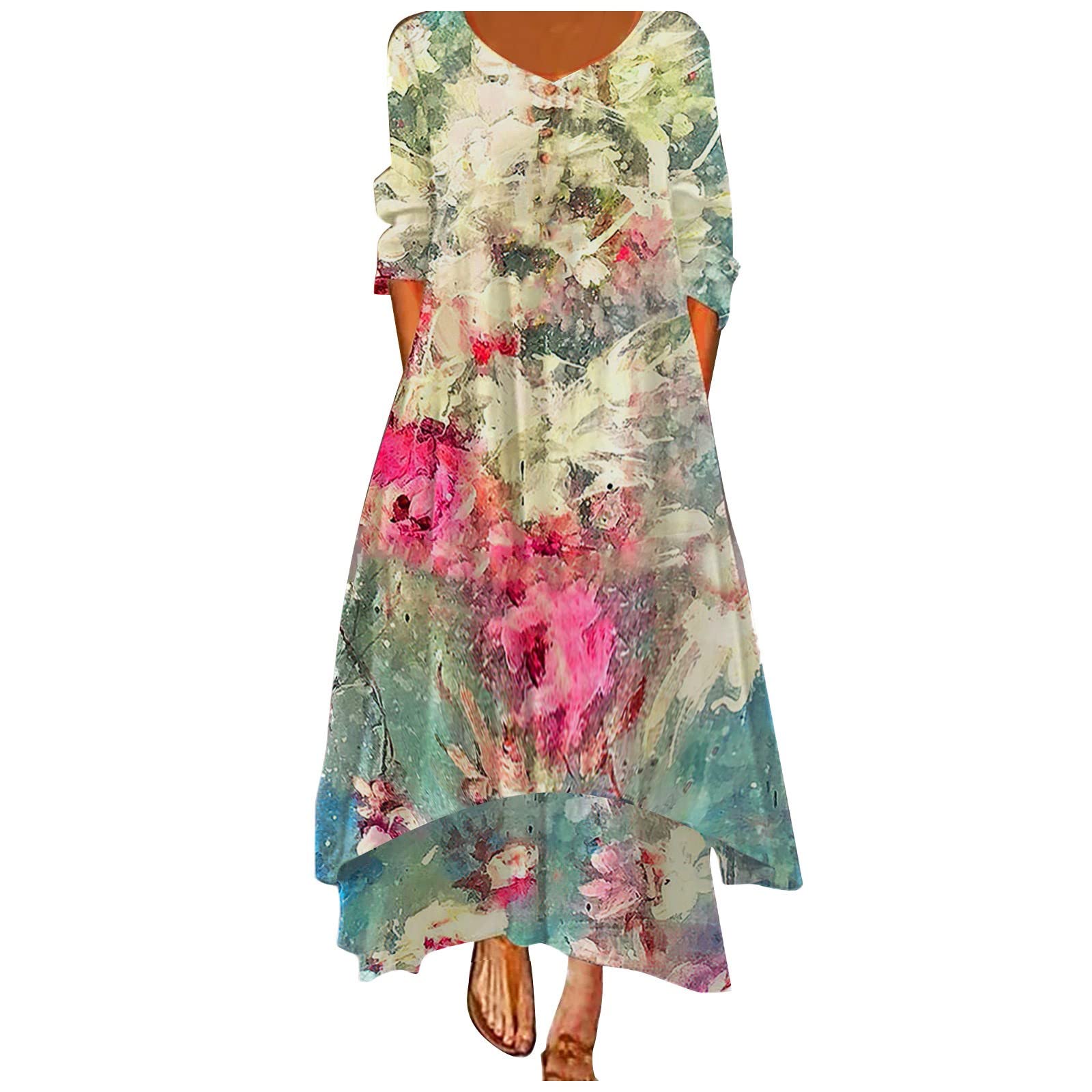 Sexy V-Neck Long Sleeve High-Low Hem Floral Print Ruffle Swing Dress for Women - Loose Fit T-Shirt Dress for Casual Wear, Date Night & Special Occasions