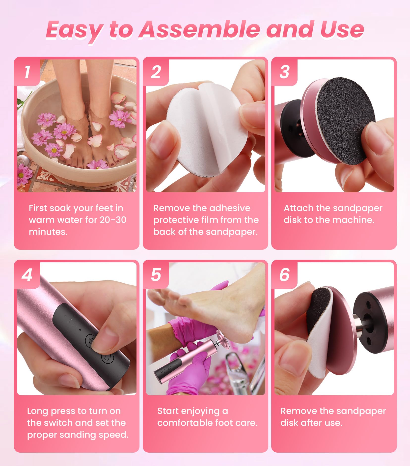 Professional Electric Callus Remover for Feet - Rechargeable 2-in-1 Foot File & Nail Grinder with 6 Speed Settings, Sandpaper Disc for Dead Skin & Callus Removal - Perfect for Home Pedicure & Foot Care (Pink)