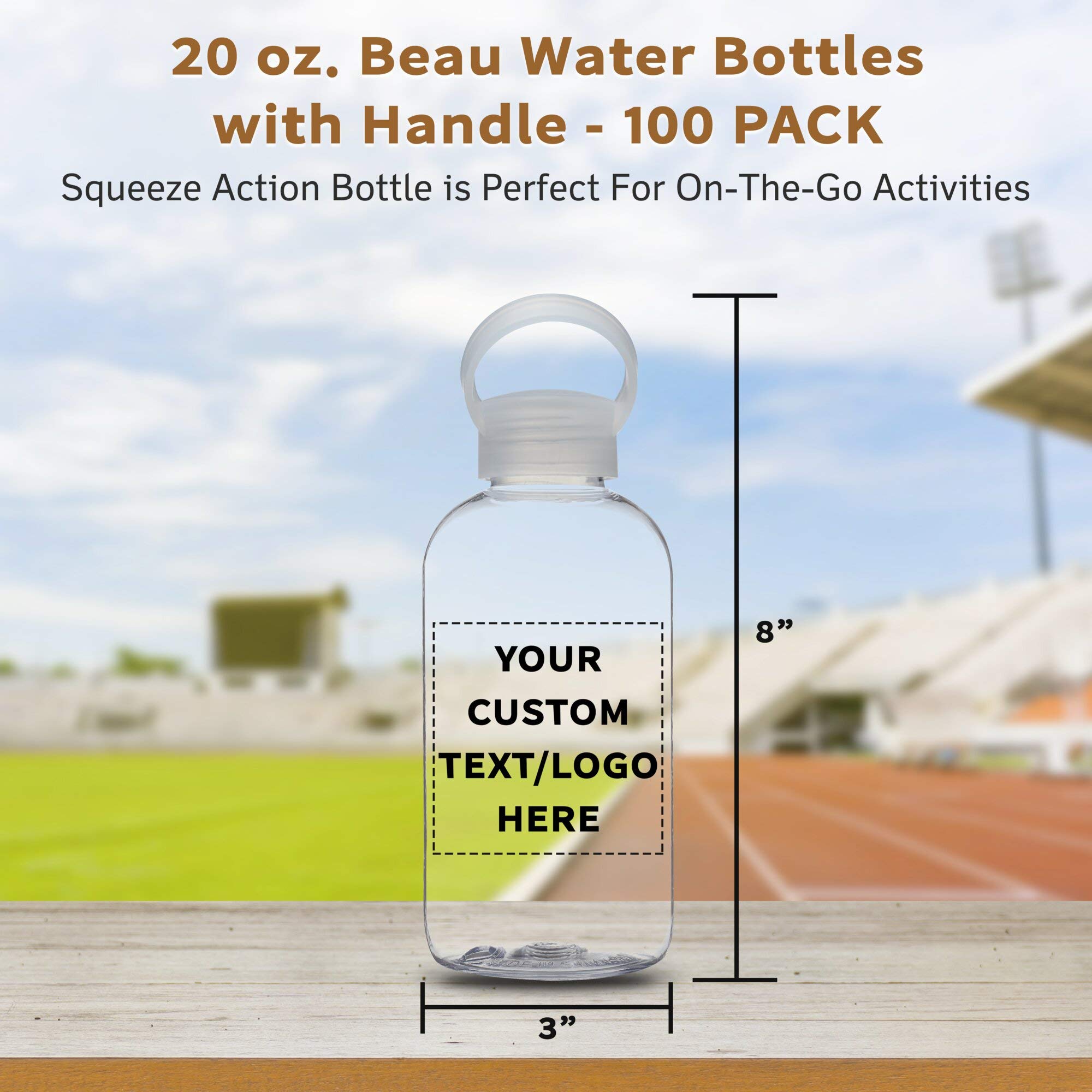 100 Pack 20 oz Customizable Plastic Water Bottles with Handle - Flexi-Grip Clear Drinkware for Schools, Events & Promotions - Bulk Discount Available