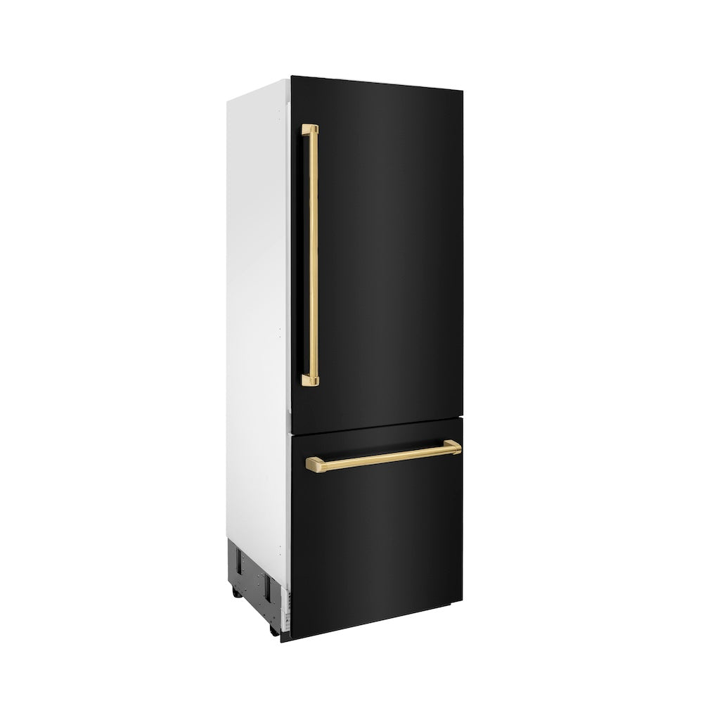 ZLINE Autograph Edition 30-Inch Built-In Bottom Freezer Refrigerator - 16.1 cu. ft. Capacity, Black Stainless Steel with Polished Gold Accents, Water Dispenser & Ice Maker - Perfect for Modern Kitchens & Luxury Homes (RBIVZ BS 30 G)