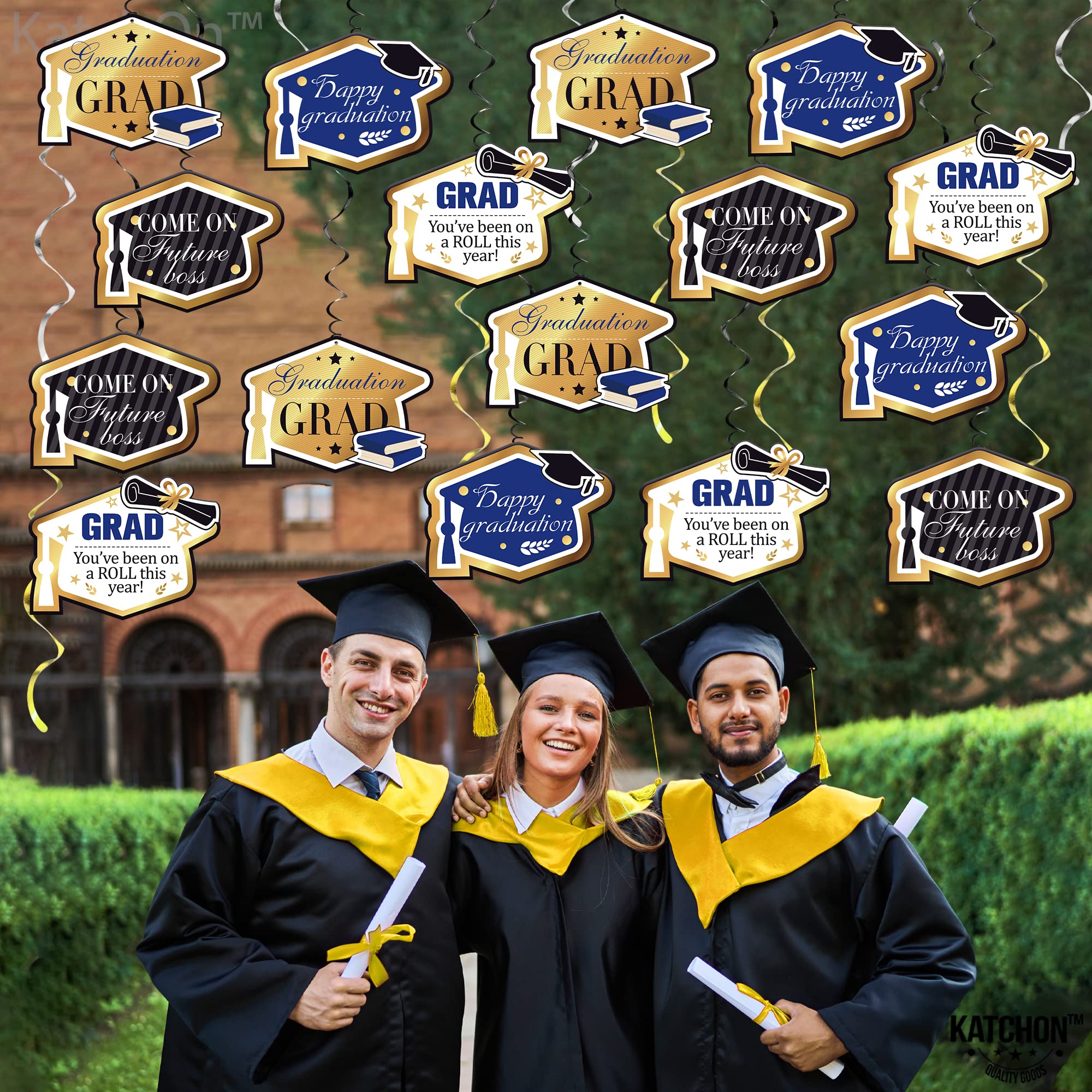KatchOn Graduation Hanging Swirl Decorations - 46-Pack Blue & Gold 2025 Graduation Party Supplies | No DIY Required | Perfect for Graduation Ceremonies, Parties & Photo Backdrops