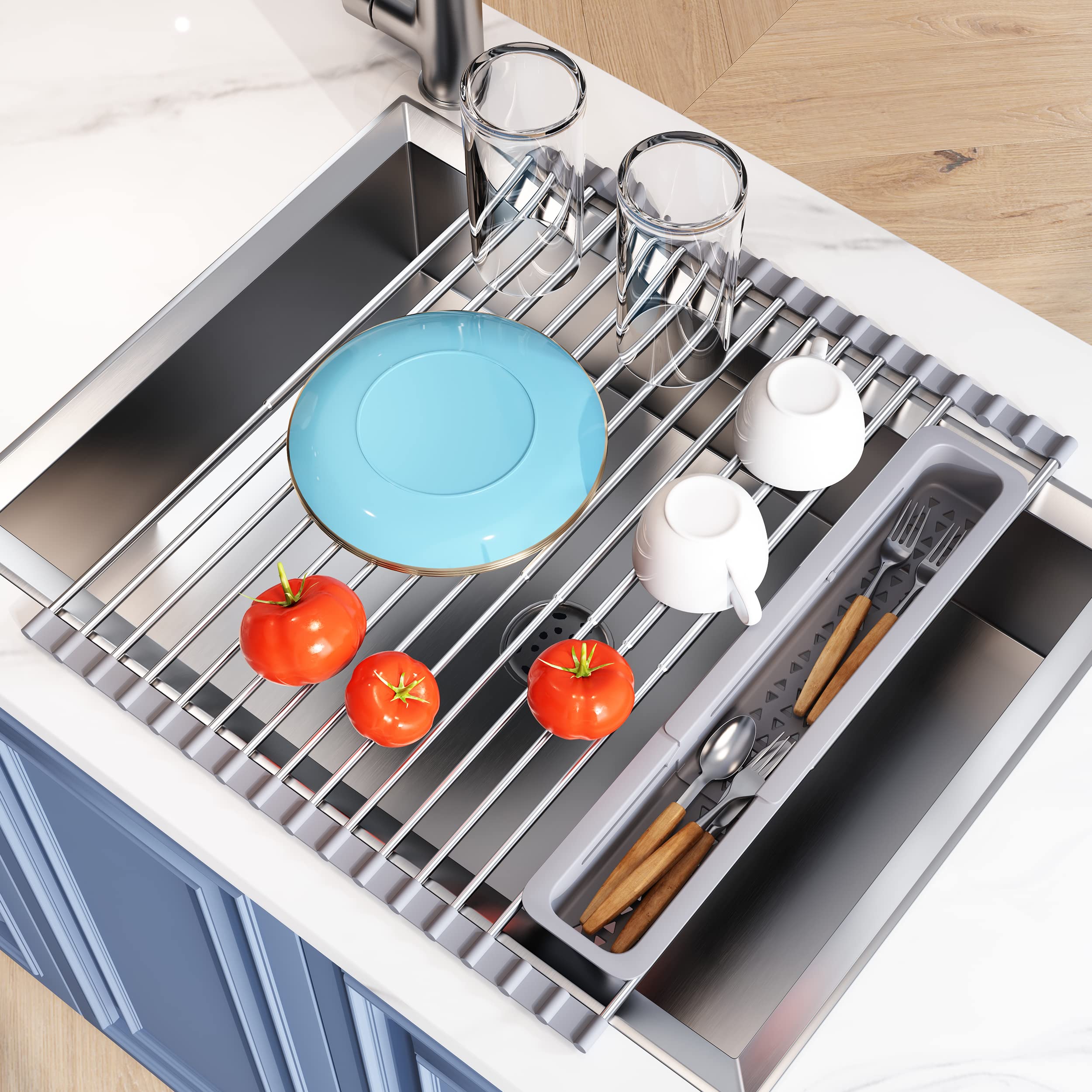 Over The Sink Dish Drying Rack - Foldable Expandable Kitchen Drain Board with Rust-Proof Coating, Large Sink Cover & Removable Utensil Holder (15.5