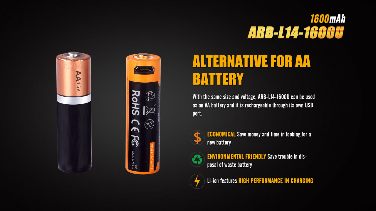 Fenix ARB L14 1600mAh 1.5V USB Rechargeable Lithium-ion AA Battery - Perfect for Flashlights, Cameras & Emergency Kits