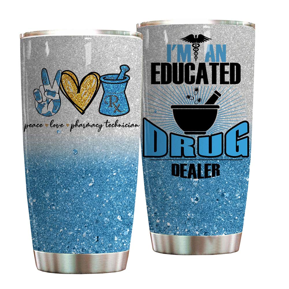 Pharmacy Technician Tumbler - 20oz Stainless Steel Insulated Travel Mug with Lid & Straw | Funny 'I'm an Educated Drug Dealer' Design | Keeps Drinks Hot/Cold for 24 Hours | Perfect Gift for Medical Professionals, Father's Day, Nurses, Students | Great for Coffee, Tea, Iced Beverages at Work, School or Travel