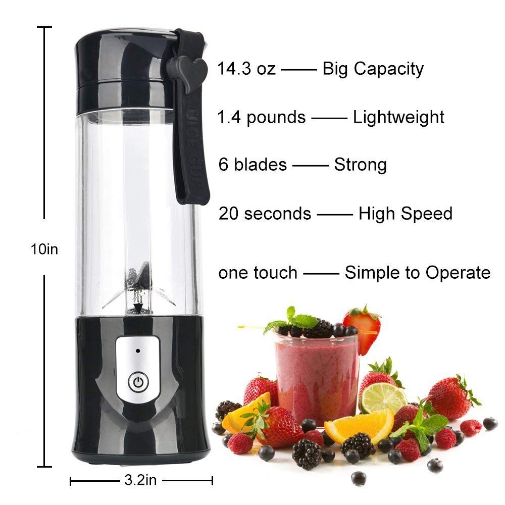 Portable USB Blender - Toycol Mini Personal Smoothie Blender for Shakes & Juices, 13.5Oz Travel Juicer Cup with 6 Stainless Steel Blades, Rechargeable Bottle Blender for Gym, Office & Outdoor (Black) - Perfect for Smoothies, Protein Shakes & Healthy Drinks On-The-Go