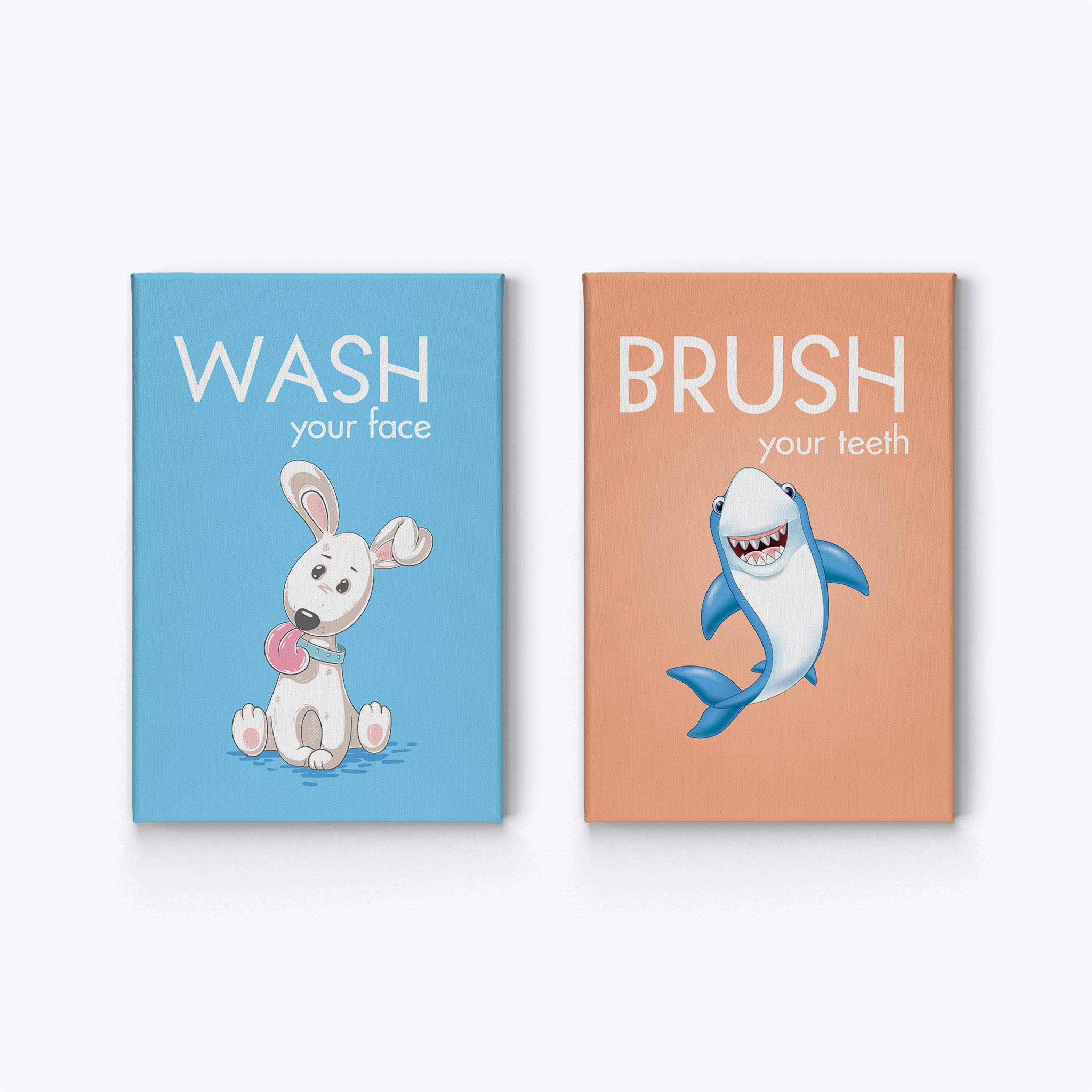 Funny Bathroom Wall Art Set - 2 Piece Canvas Prints with 'Wash Your Face Brush Your Teeth' Quote | Kids Nursery & Bathroom Decor | Ready to Hang (28x19 inches) | Perfect for Family Bathrooms, Kids' Rooms & Playful Home Decor