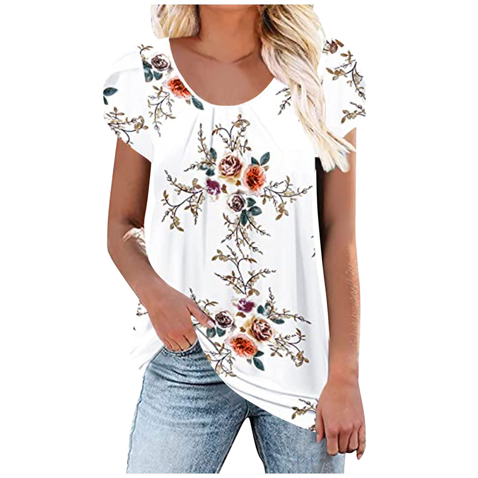 Women's Floral Print Pleated Cap Sleeve T-Shirt - Casual Round Neck Loose Blouse for Summer, Work & Date Night Outfits