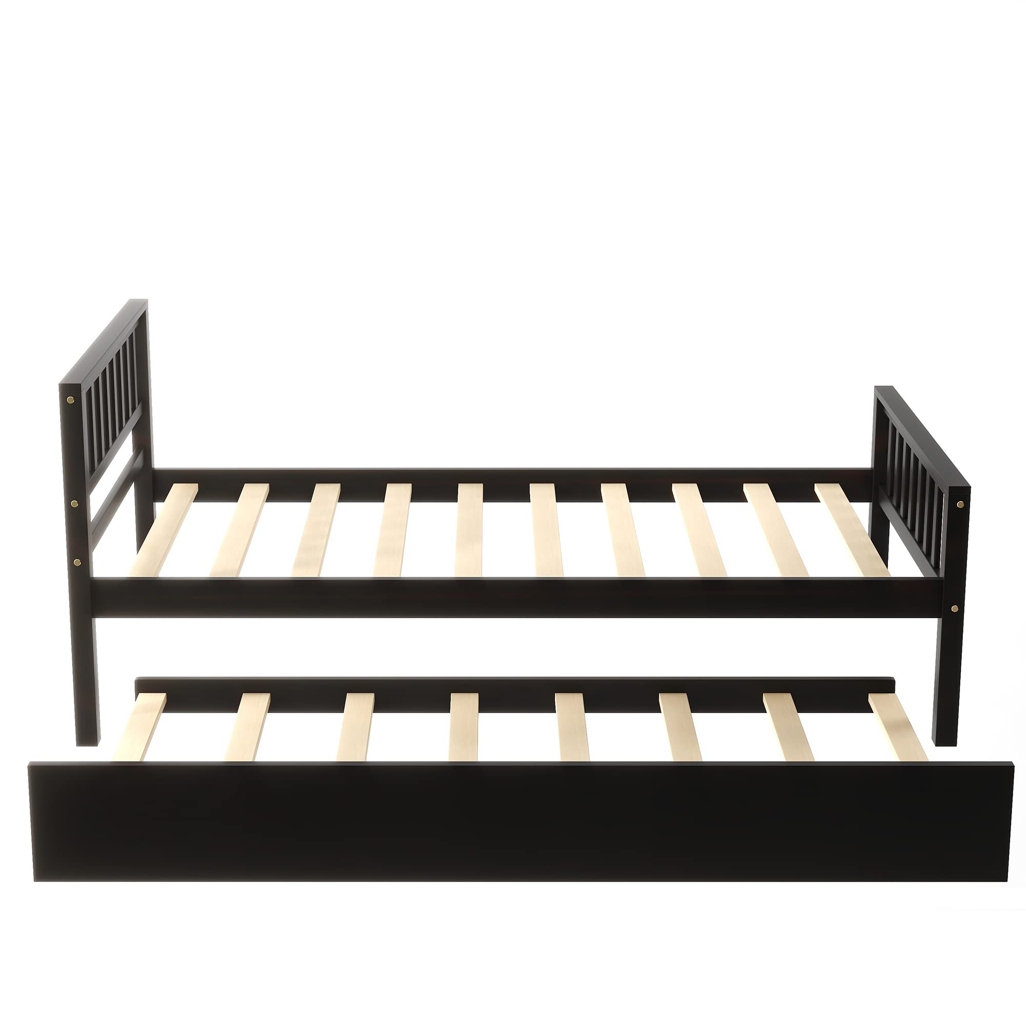 Twin Platform Bed Frame with Trundle - Solid Pine Wood Daybed with Headboard & Footboard - Sturdy 10-Slat Support (No Box Spring Needed) - Espresso Finish - Perfect for Kids' Room, Guest Bedroom or Small Space Solution