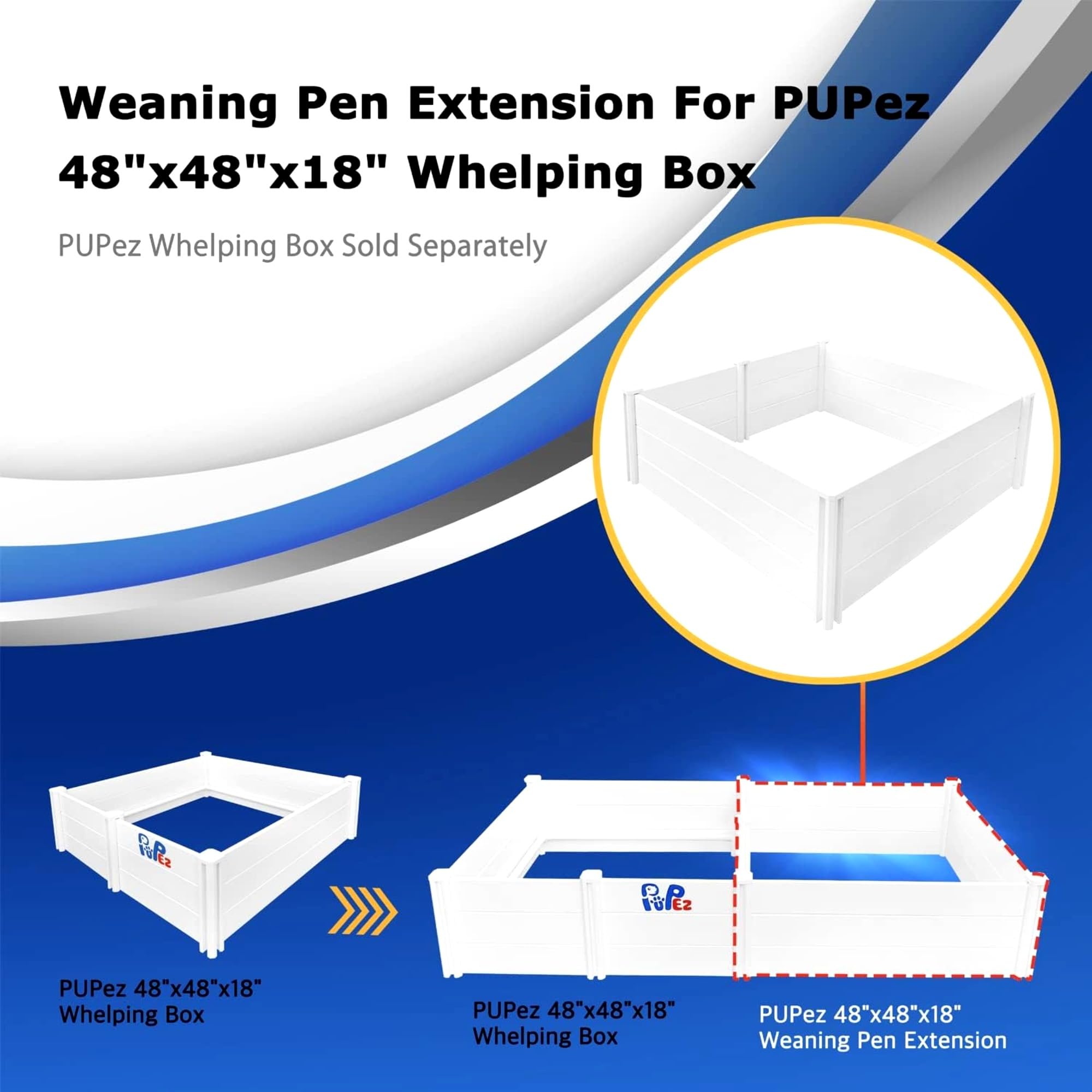 Large Dog Whelping Box - 48x48x18 Inch Puppy Whelping Pen with Extension - Durable White Whelping Box for Large Breed Dogs - Perfect for Newborn Puppies & Nursing Mothers (Indoor/Outdoor Use)