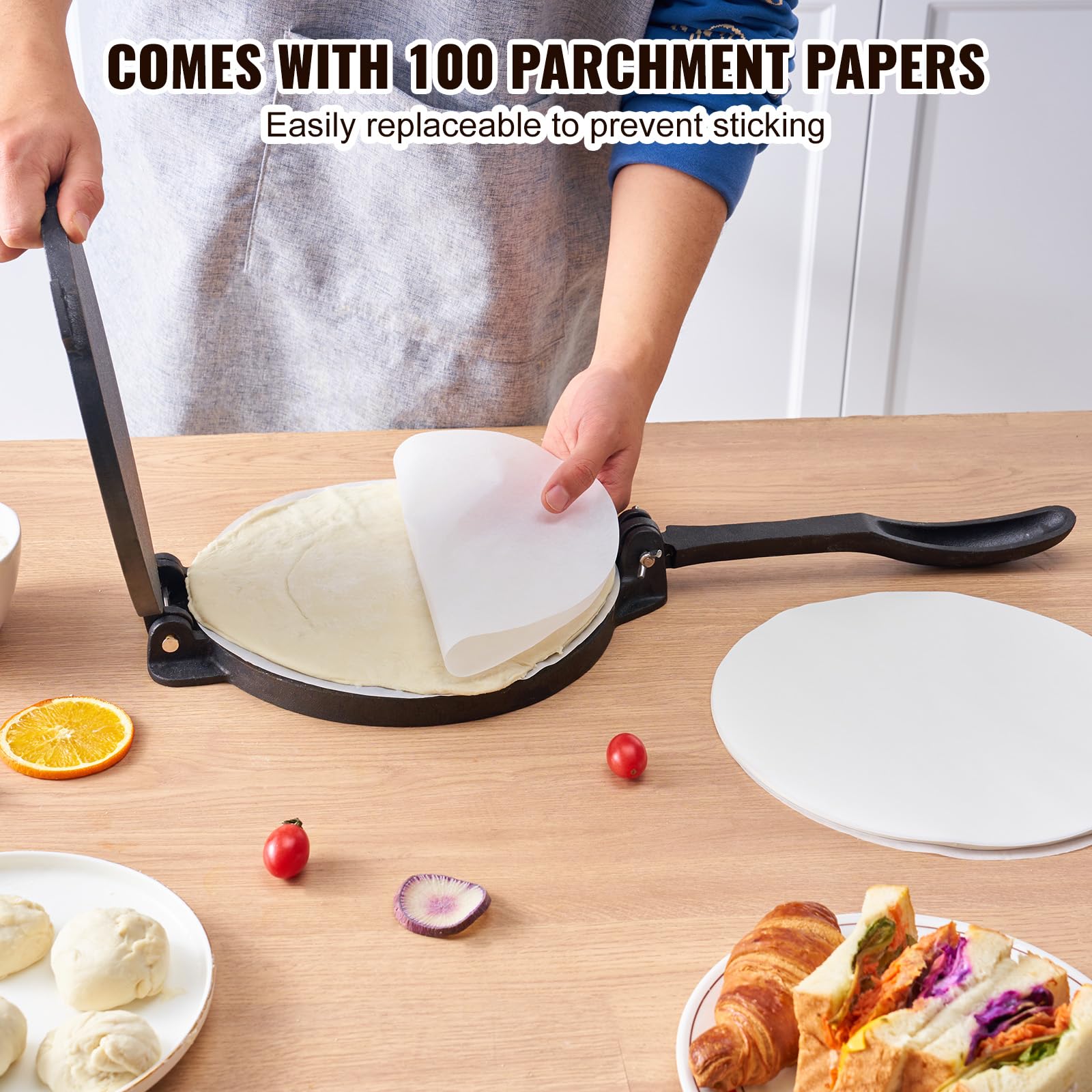 VEVOR 8 Inch Cast Iron Tortilla Press & Roti Maker - Heavy Duty Pre-Seasoned Tortilladora for Flour Tortillas, Roti, Tawa & Patacones - Includes 100 Pcs Parchment Paper - Perfect for Mexican & Indian Cooking, Home Kitchen & Restaurant Use