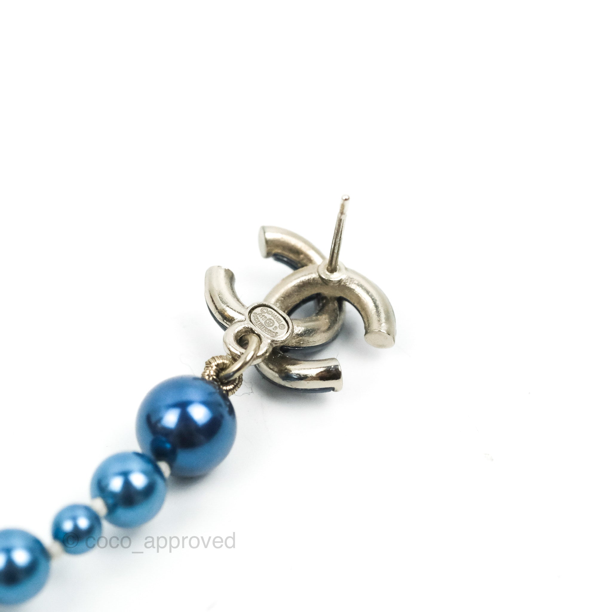 Chanel CC Blue Pearl Drop Earrings - Silver Tone 18S - Elegant Pearl Dangle Earrings for Women | Perfect for Weddings, Parties & Special Occasions