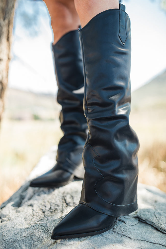 Heather Black Leather Fold Over Boots for Women - Stylish Knee High Boots with Side Zipper - Perfect for Fall, Winter & Casual Outfits