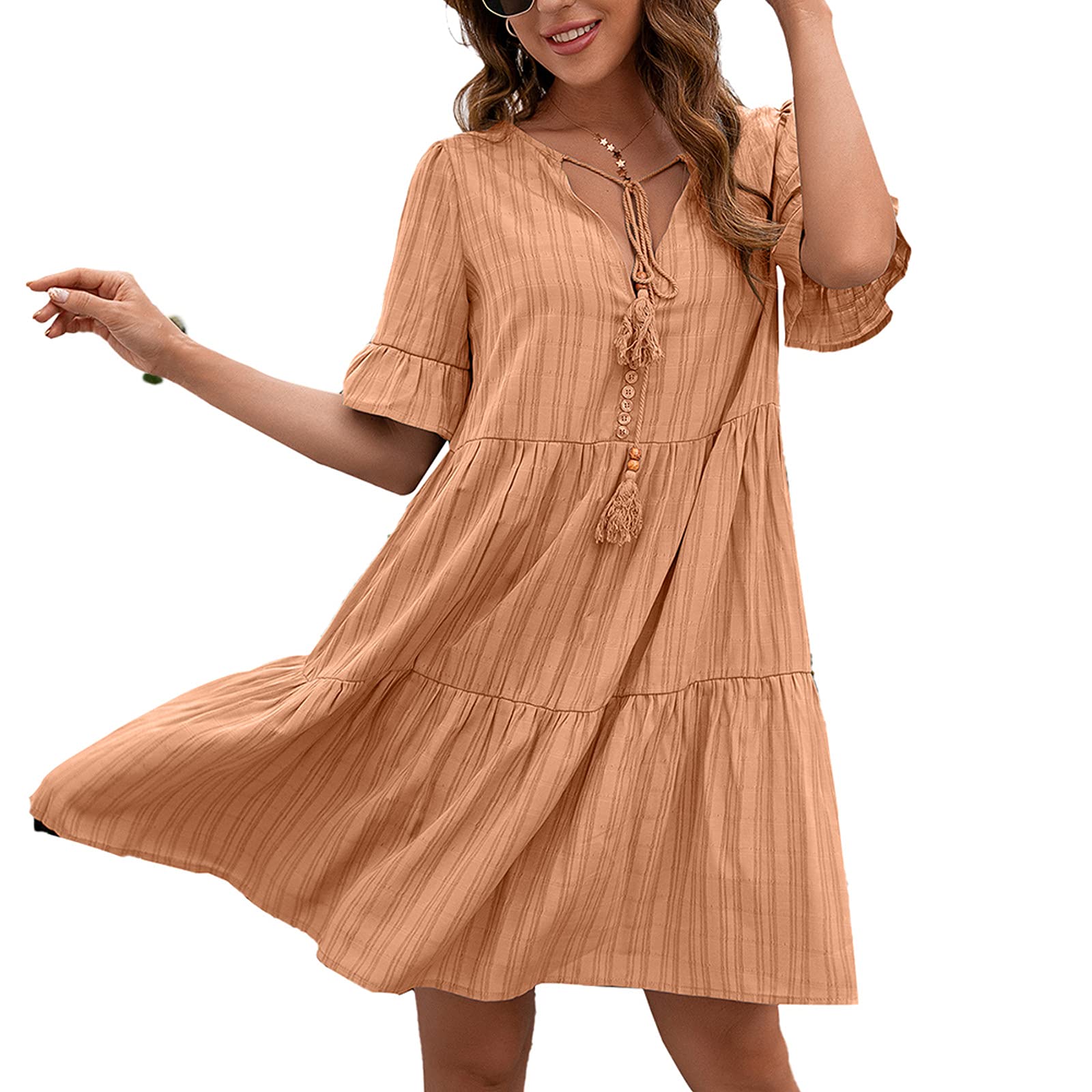 Women's Summer Boho Dress - V Neck Short Sleeve Loose Tunic Midi Dress for Casual Streetwear | Beach Outfit, Vacation Wear & Summer Fashion