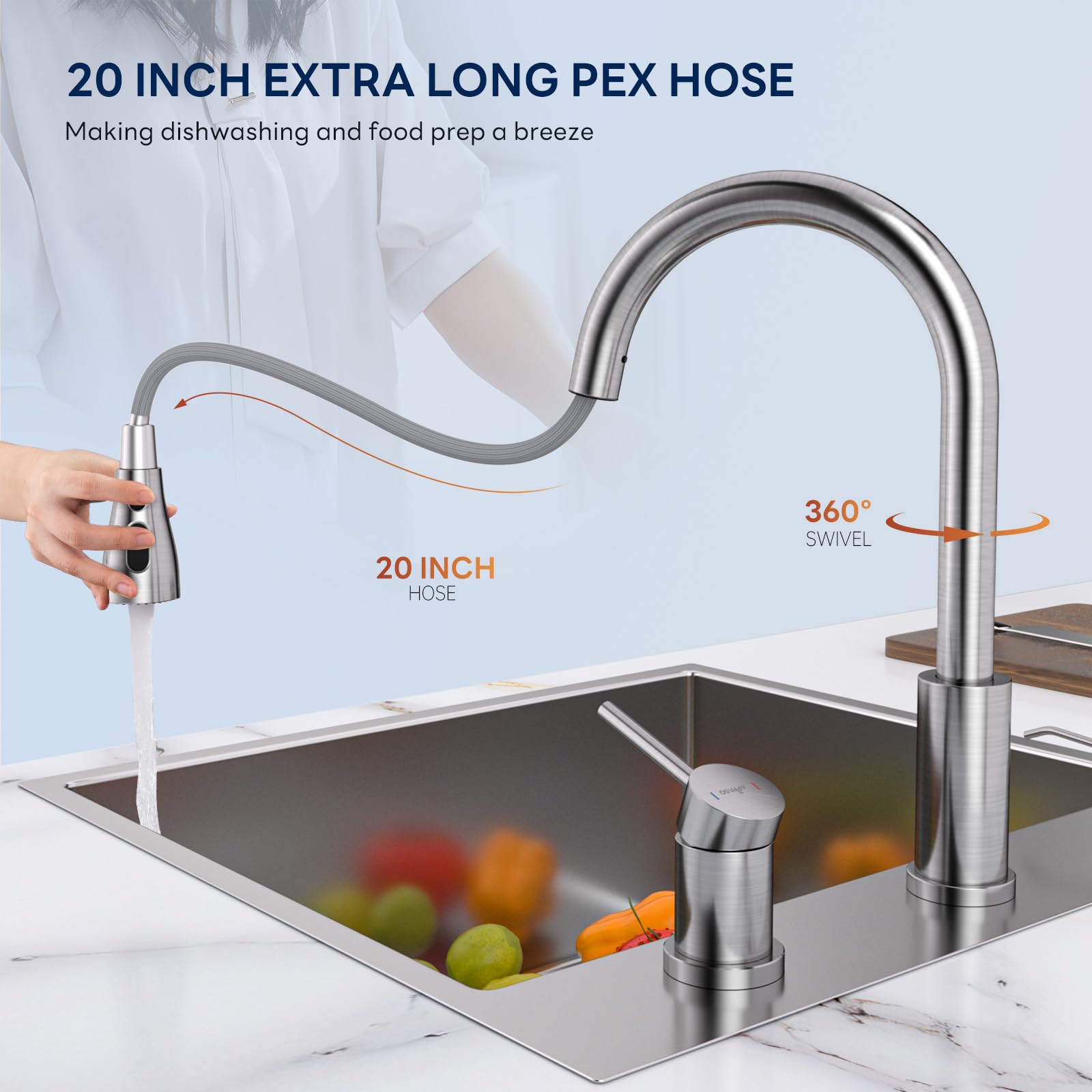 APPASO Brushed Nickel 3-Hole Kitchen Faucet with Pull Down Sprayer & Soap Dispenser - 3 Spray Modes, High Arch Stainless Steel Sink Faucet with Separate Handle (3-Piece Set) - Perfect for Modern Kitchens, Restaurants & Commercial Use