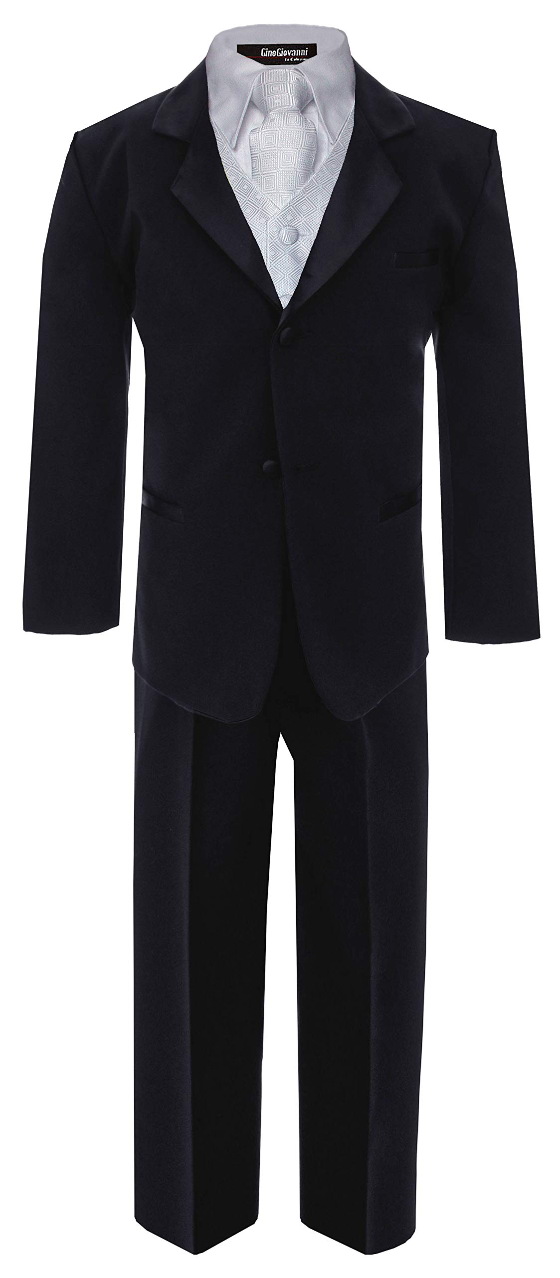 Gino Giovanni Usher Tuxedo G212 Boys Formal Suit Set - Black Jacket with White Vest & Tie for Weddings, Prom, Parties (Sizes Baby to 12 Years)