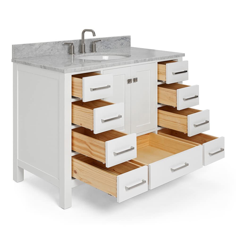 Ariel Cambridge 43 Inch White Bathroom Vanity with Sink - Solid Wood Vanity Cabinet, Carrara Marble Countertop & Oval Undermount Single Sink - 2 Soft Closing Doors & 9 Drawers - Perfect for Modern Bathroom, Master Bath, or Powder Room Remodel