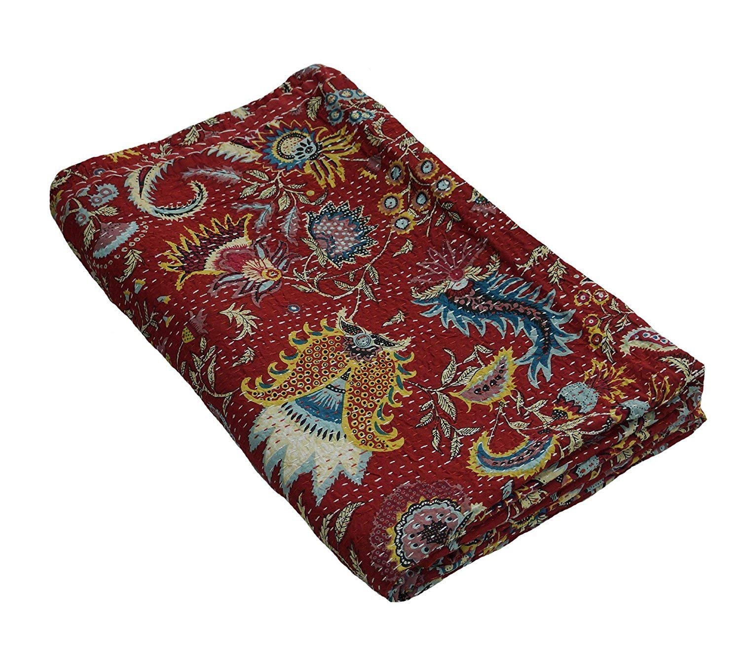 Handmade Traditional Mukut Screen Print Kantha Quilt - Pure Cotton Queen Size Blanket, Bedspread & Throw for Cozy Home Decor, Boho Bedroom Style & Gift Giving