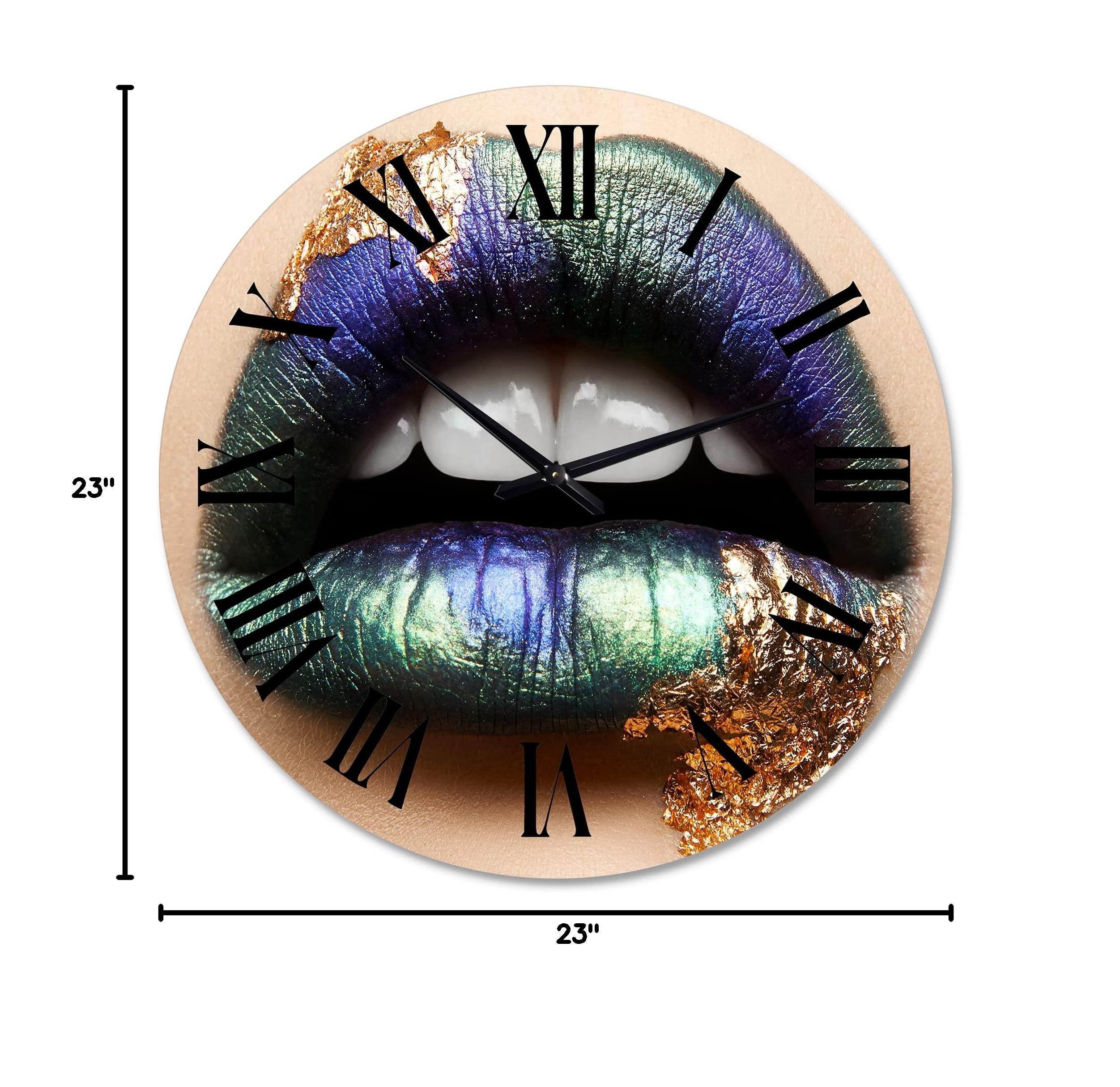 DesignQ Modern Wall Clock - Large Female Lips with Green Lipstick & Teeth Art Decor for Living Room, Bedroom, Office | Unique Home & Gift Idea