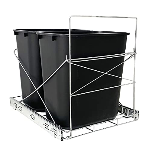 Under Cabinet Pull Out Trash Can Organizer - Double Sliding Garbage Bin Rack for 28-37 Quart Large Trash Cans | Chrome Under Sink Storage Solution for Kitchen & Home Organization