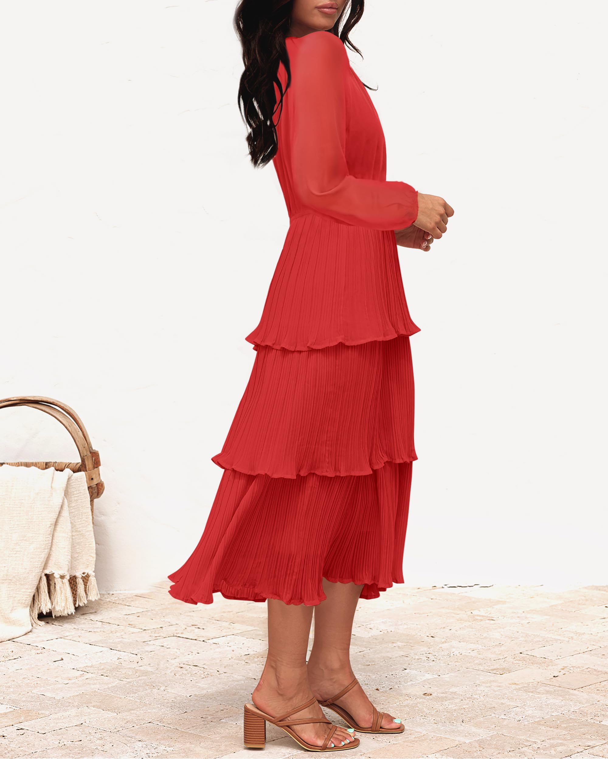 ZESICA Women's 2025 Long Sleeve Crew Neck Ruffle Tiered Chiffon Flowy Swing Midi Dress - Elegant Casual & Party Wear for Spring/Summer Occasions