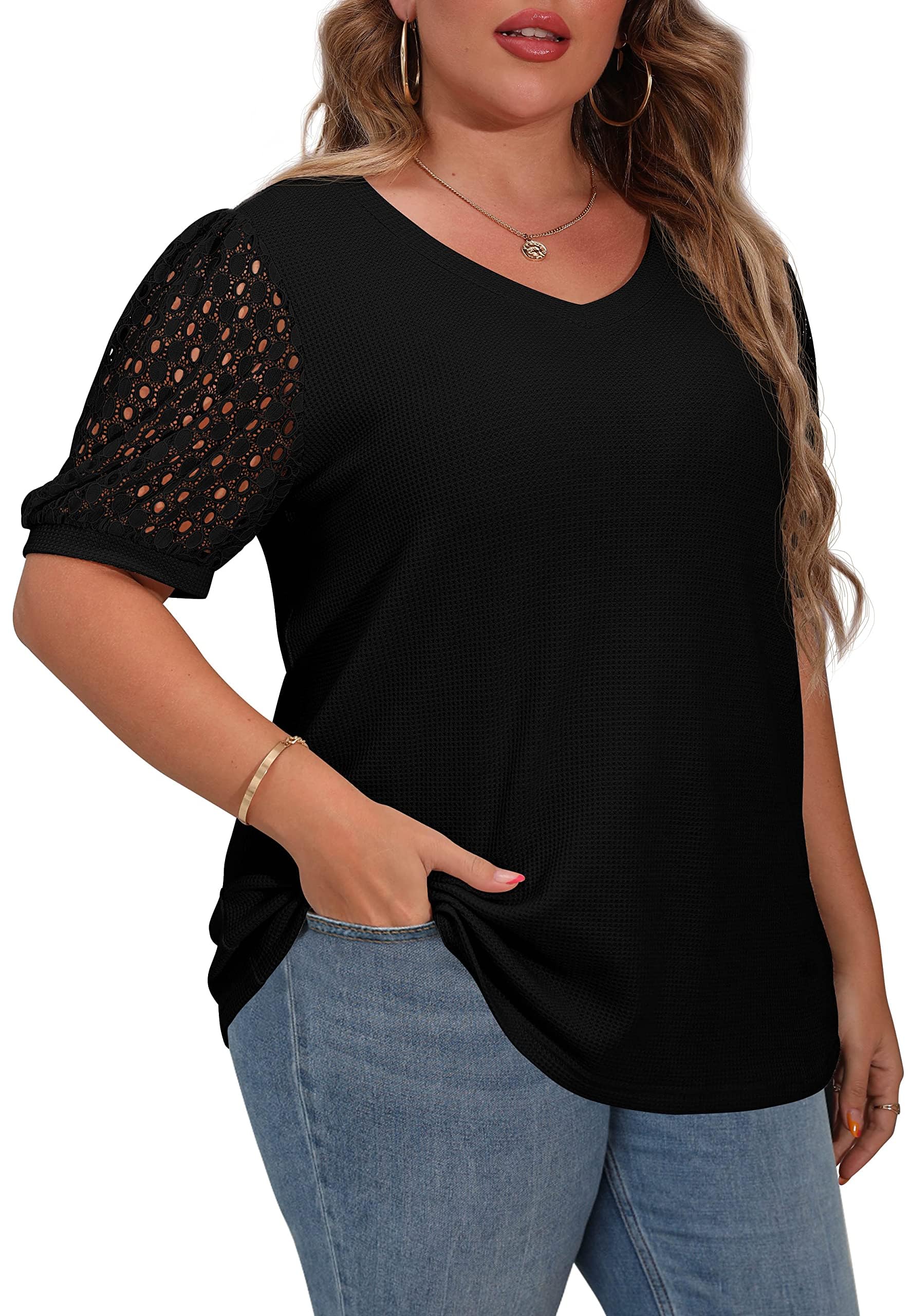 OLRIK Plus Size Tops for Women - Summer Waffle Knit Blouse with Short Lace Sleeves | Casual & Office Wear | Perfect for Work, Date Night & Vacation