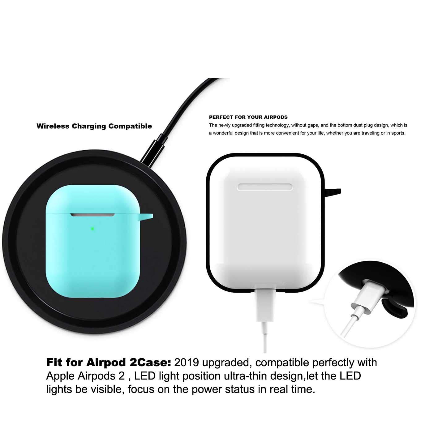 2-Pack AirPods 2 Wireless Charging Case Cover with Keychain & LED Window - Protective Silicone Skin for Apple AirPods 2nd Gen (Black + Teal) - Perfect for Gym, Travel & Daily Protection