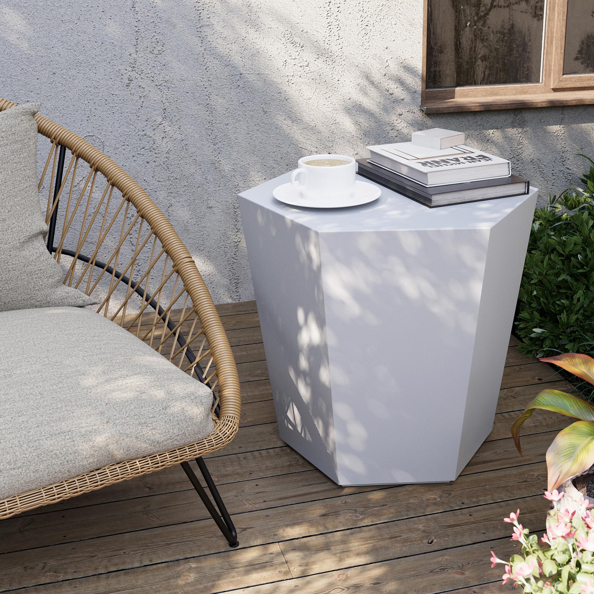 UPHA 24-inch Modern Hexagon Outdoor Concrete Coffee Table - Weatherproof Cement Patio Furniture for Garden, Backyard, Balcony & Living Room - Pure White Accent Piece for Relaxing & Entertaining