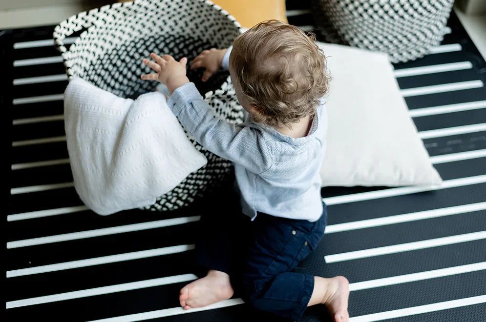Boho Puzzle Play Mat Tiles - Black Bohemian Design Floor Tiles for Kids Playroom, Nursery & Daycare - Non-Toxic, Interlocking Foam Mats for Crawling & Playtime Safety