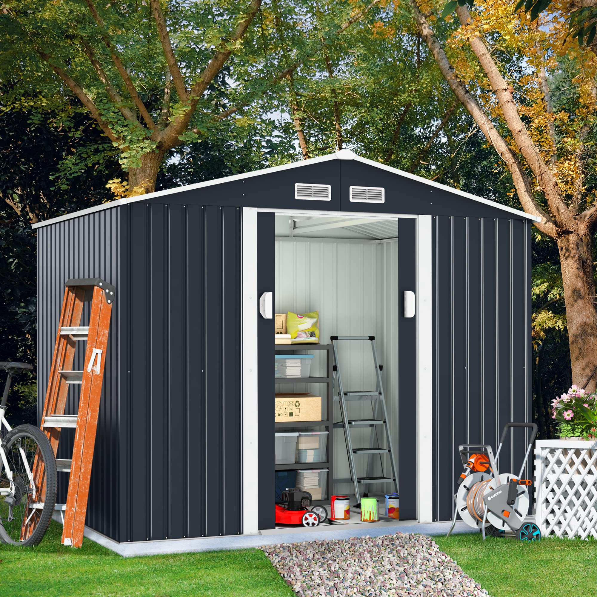 JAXPETY 6.3' x 9.1' Heavy Duty Steel Garden Storage Shed with Foundation Frame & Sliding Door - Outdoor Utility Tool Shed for Backyard, Lawn, Garage Organization (Grey) - Perfect for Storing Gardening Tools, Lawn Equipment & Seasonal Items