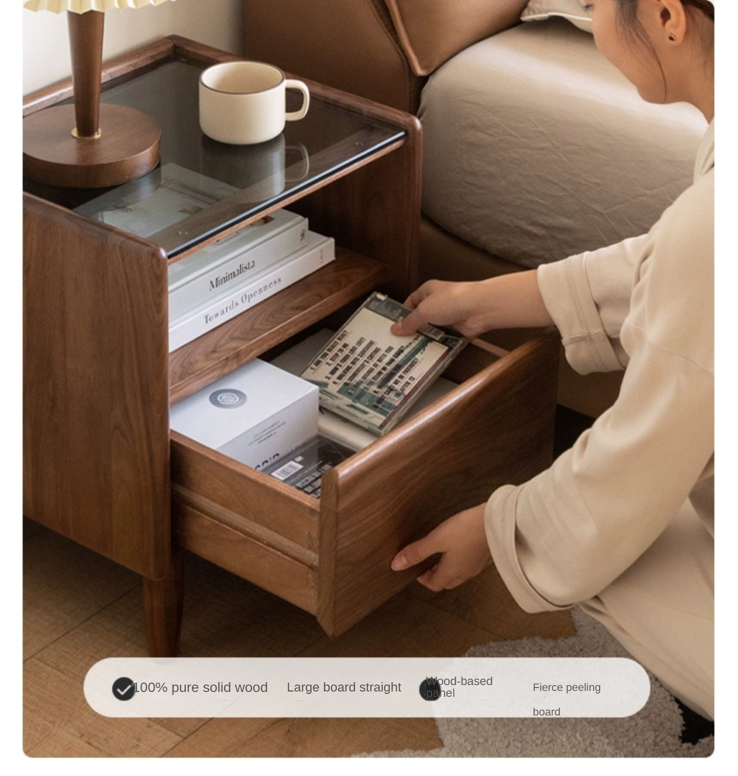 Premium Black Walnut Solid Wood Nightstand with Tempered Glass Top - Modern Bedside Table for Bedroom, Living Room, or Office Use